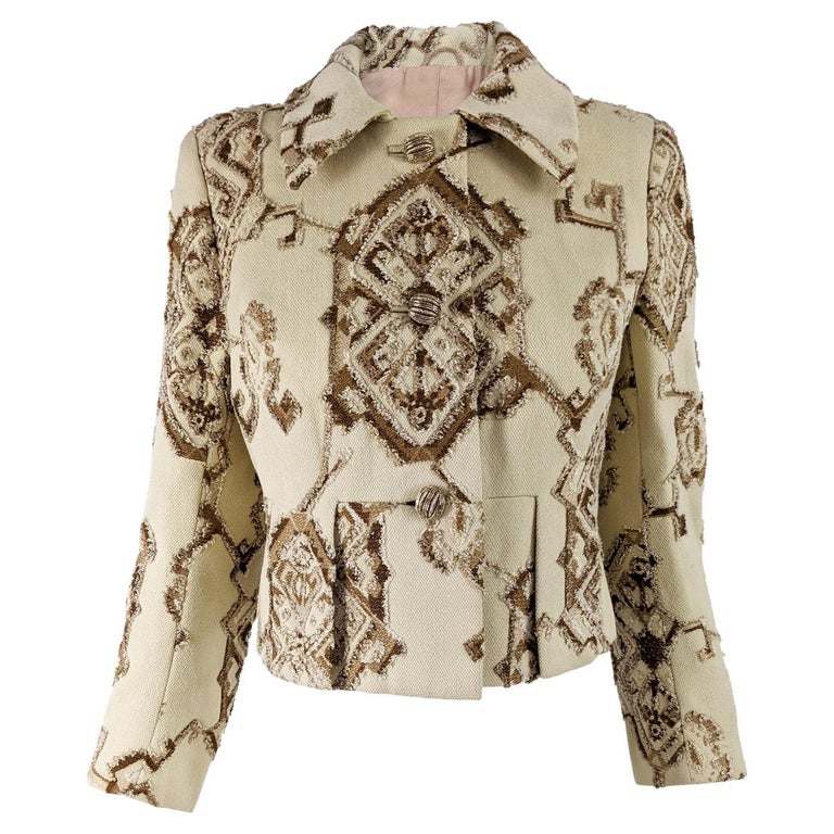 Carven Paris Vintage Cream Wool Tapestry Brocade Womens Tailored Jacket, 1960s For Sale