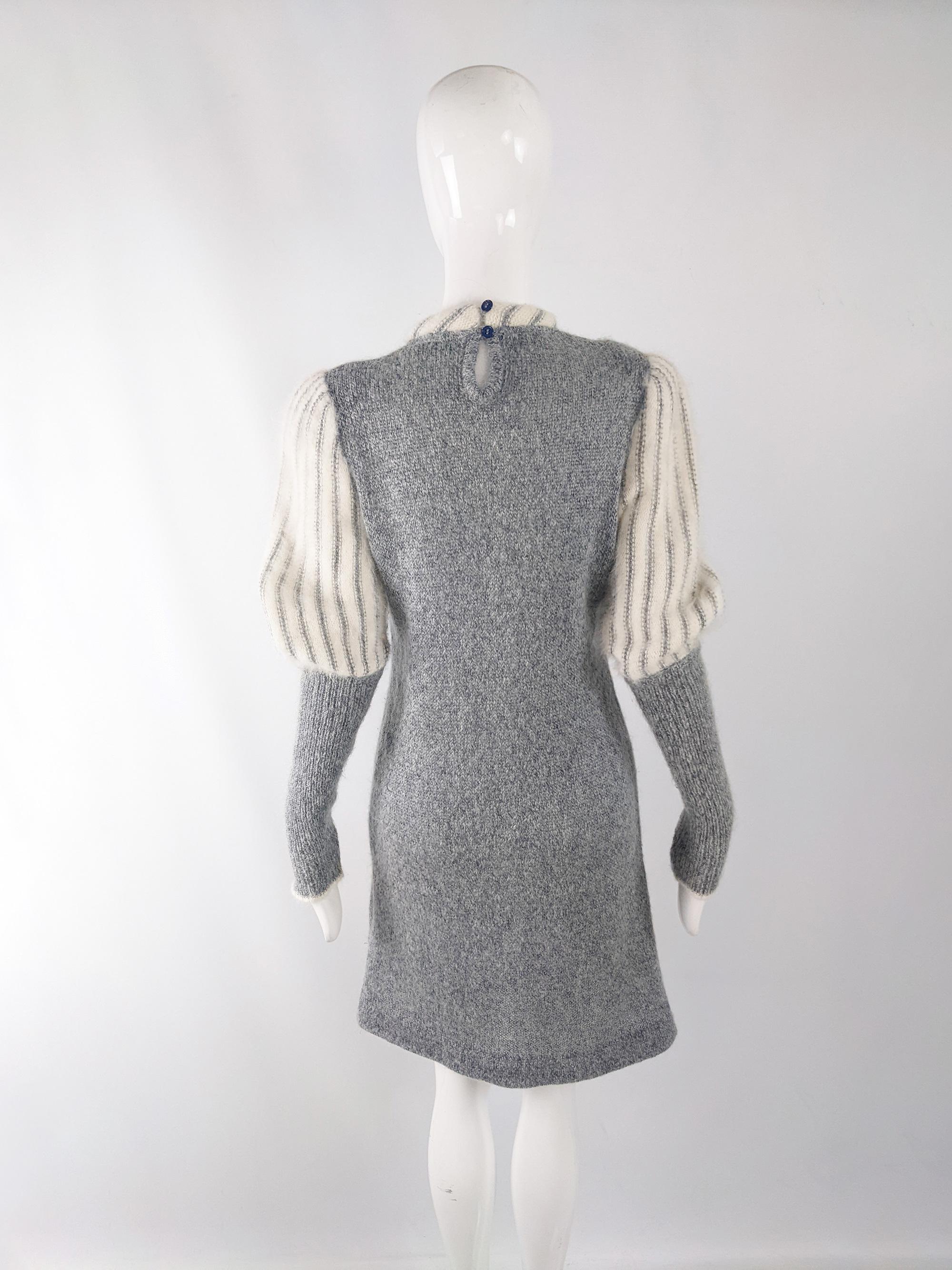 Women's Carven Paris Vintage Grey & Cream 70s Puff Sleeve Mohair Wool Knit Dress, 1970s For Sale