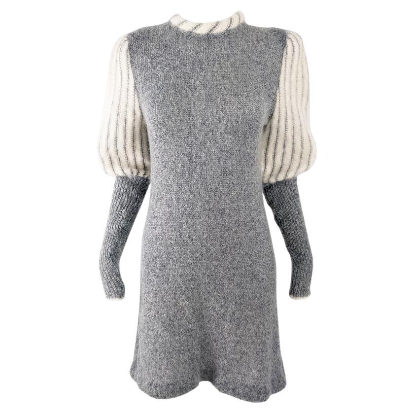 Carven Paris Vintage Grey & Cream 70s Puff Sleeve Mohair Wool Knit Dress, 1970s For Sale