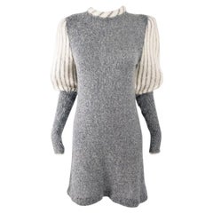 Carven Paris Vintage Grey & Cream 70s Puff Sleeve Mohair Wool Knit Dress, 1970s