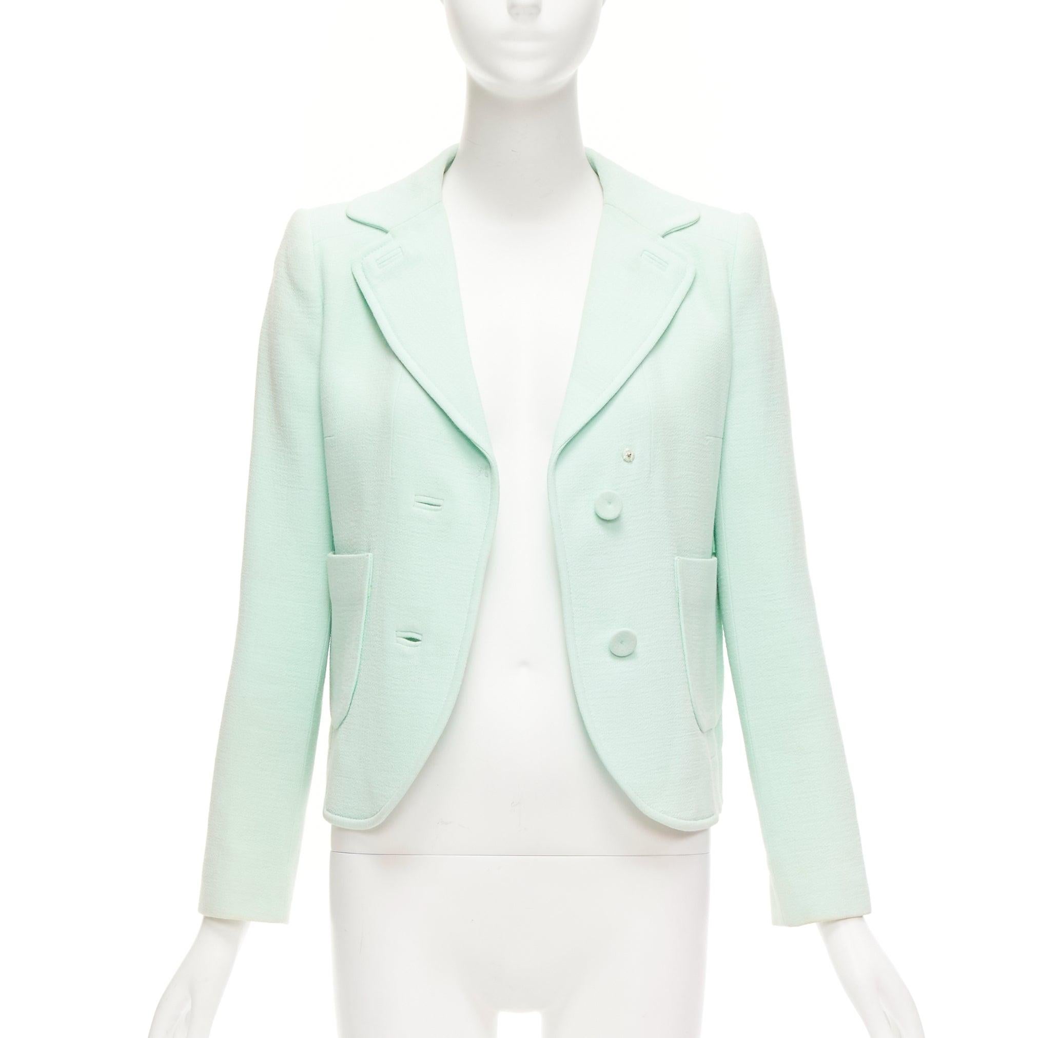 Gray CARVEN pastel green viscose virgin wool shoulder darts blazer FR36 S For Sale