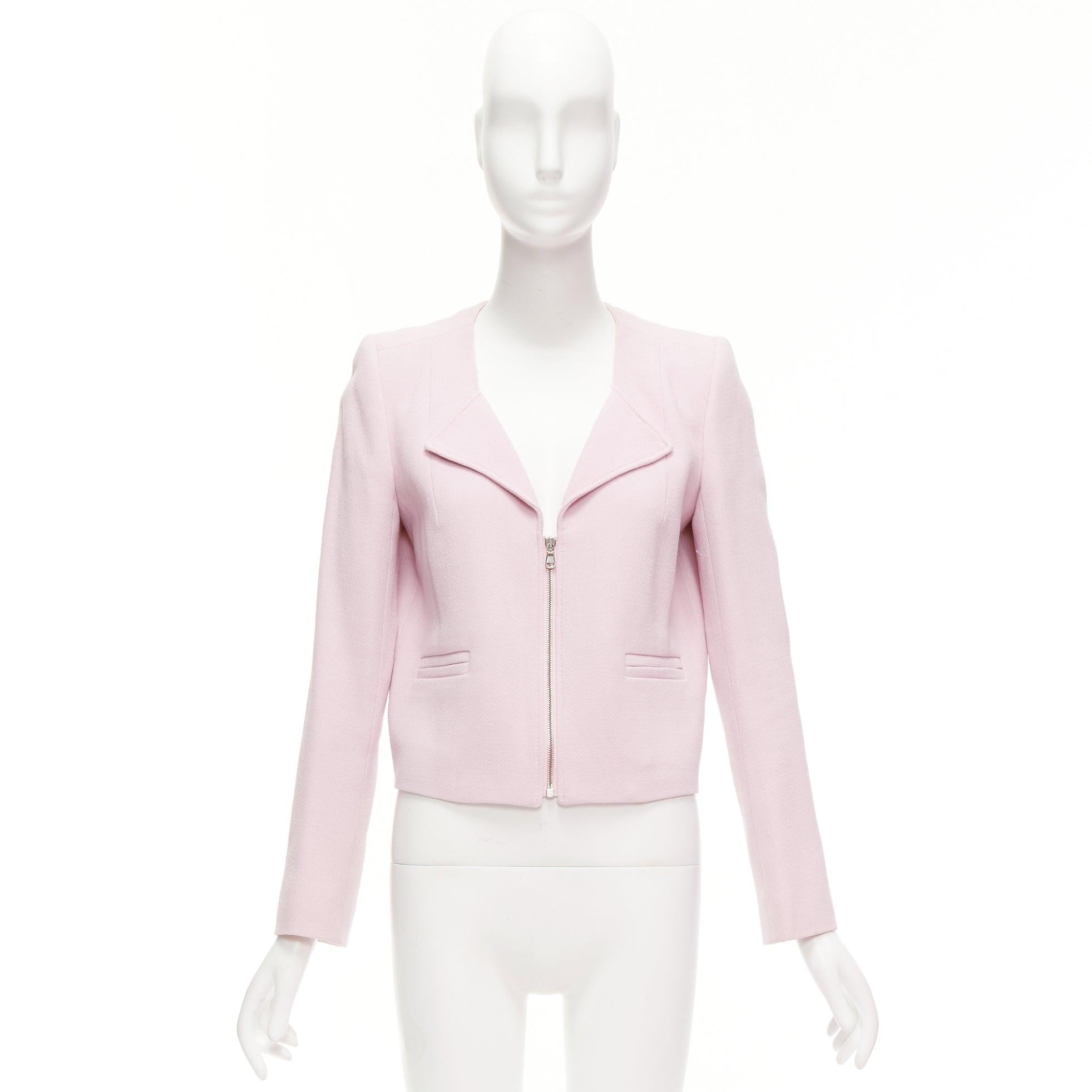 CARVEN pink 100% virgin wool spread lapel zip front cropped blazer FR38 M For Sale 5