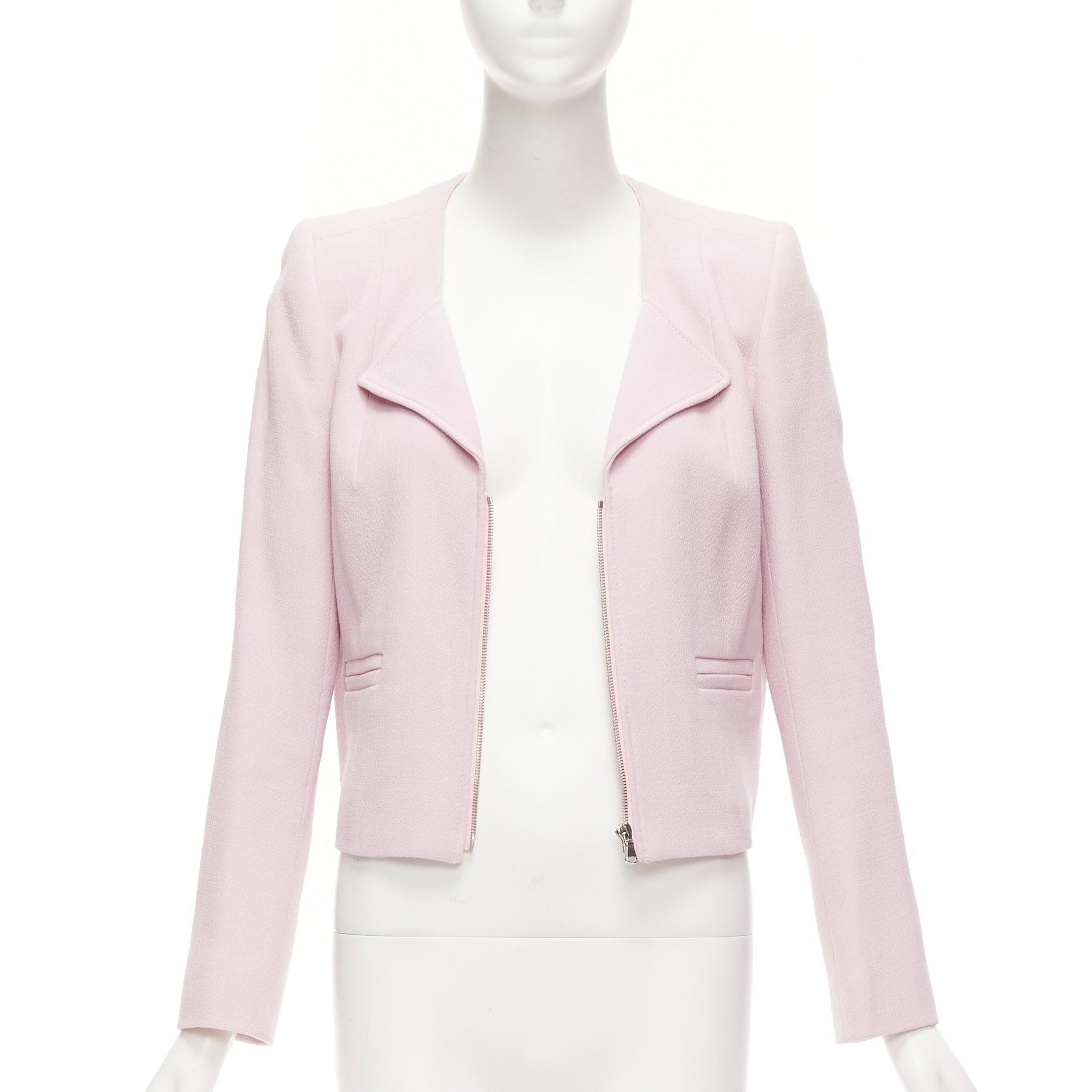 Beige CARVEN pink 100% virgin wool spread lapel zip front cropped blazer FR38 M For Sale