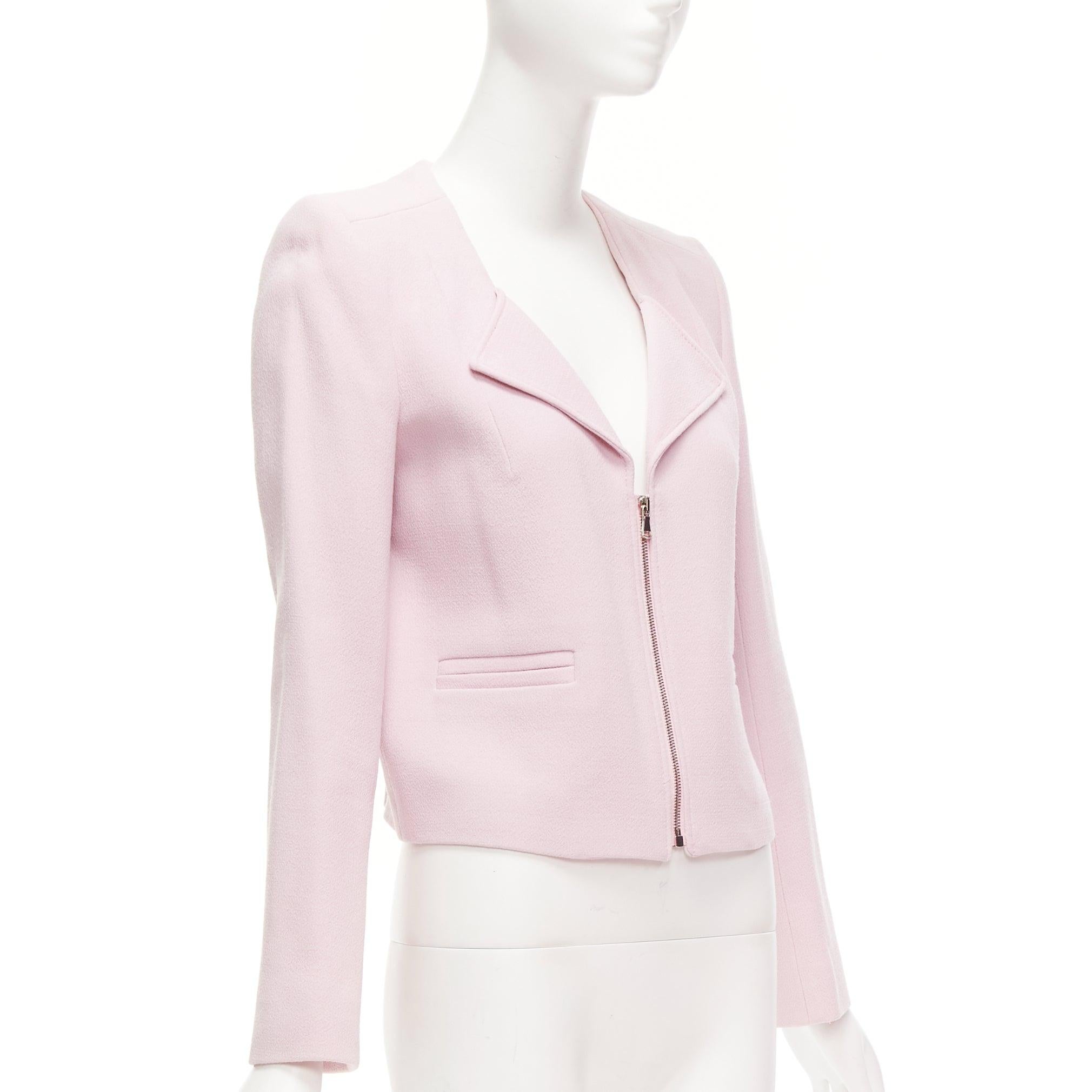 CARVEN pink 100% virgin wool spread lapel zip front cropped blazer FR38 M In Good Condition For Sale In Hong Kong, NT