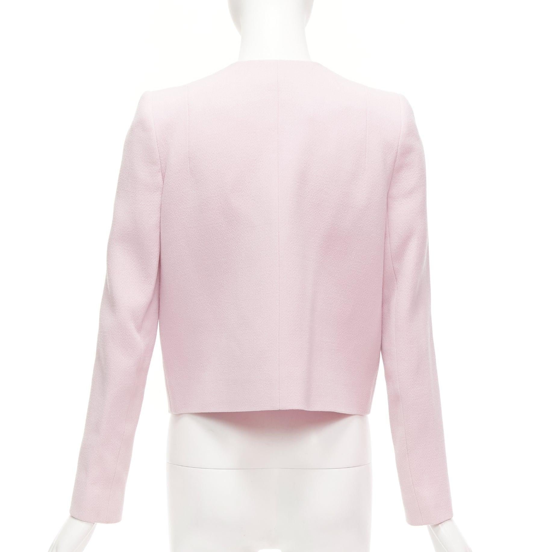 CARVEN pink 100% virgin wool spread lapel zip front cropped blazer FR38 M For Sale 1