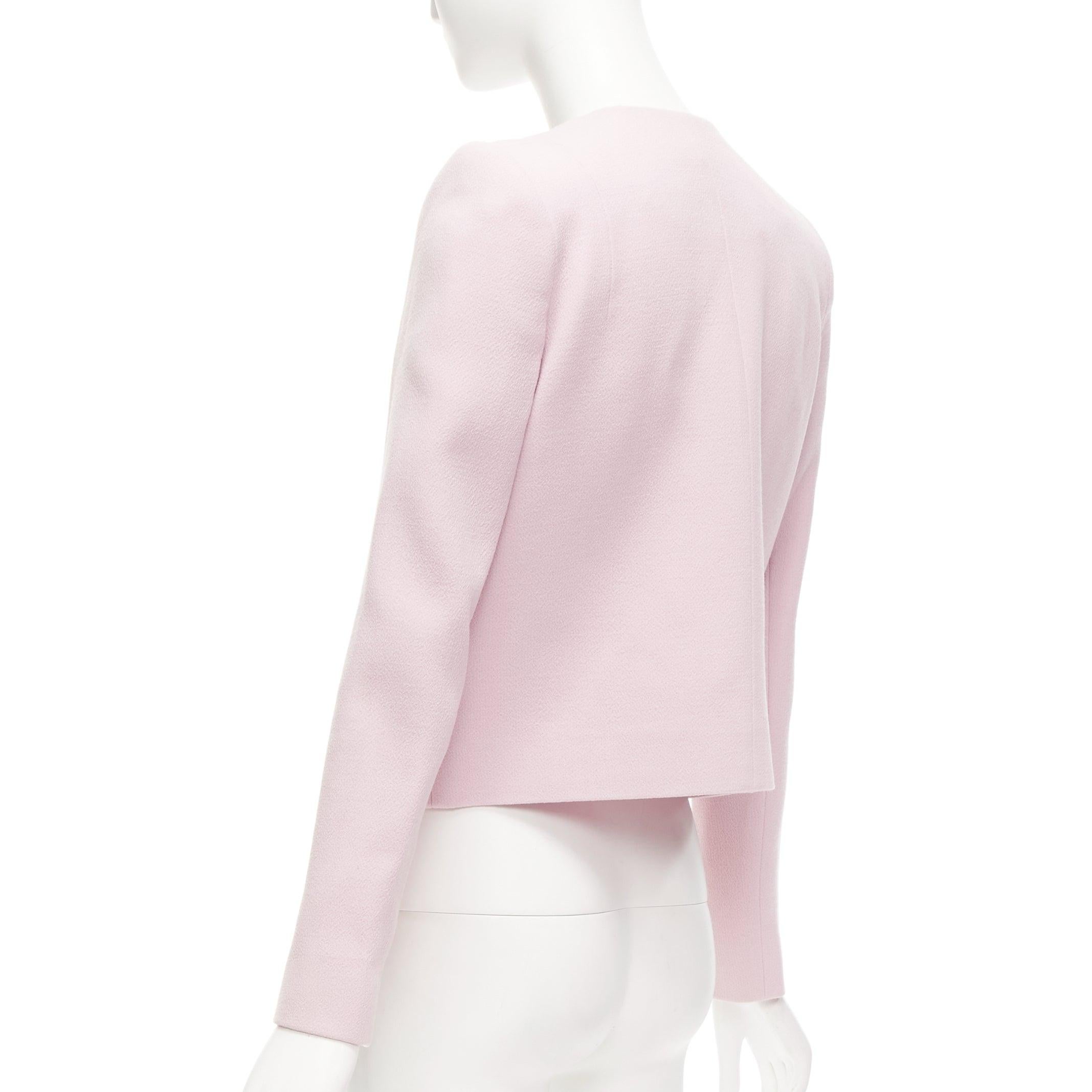 CARVEN pink 100% virgin wool spread lapel zip front cropped blazer FR38 M For Sale 2