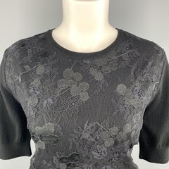 CARVEN Size L Black Merino Wool Lace Overlay Short Sleeve Pullover