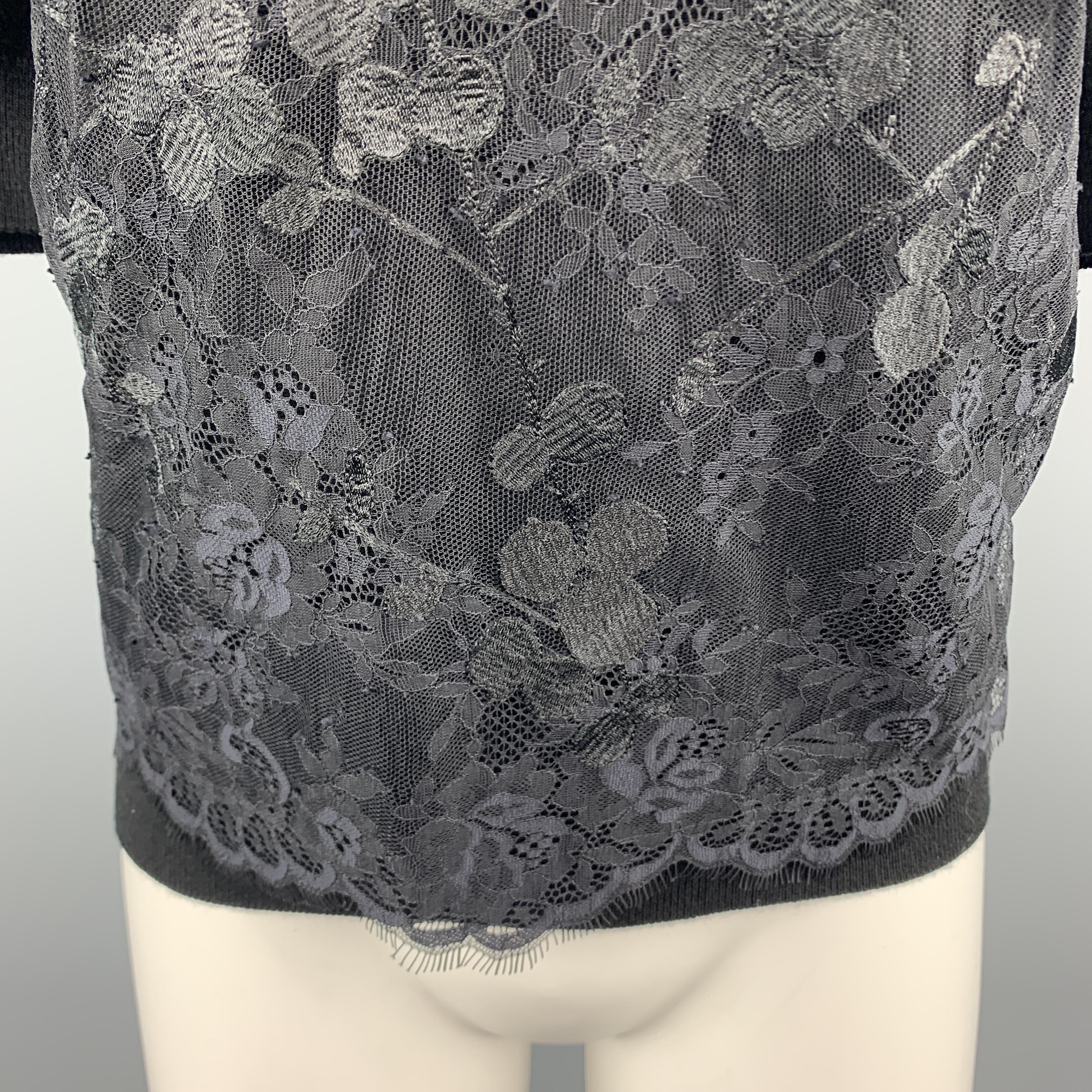 Women's CARVEN Size L Black Merino Wool Lace Overlay Short Sleeve Pullover