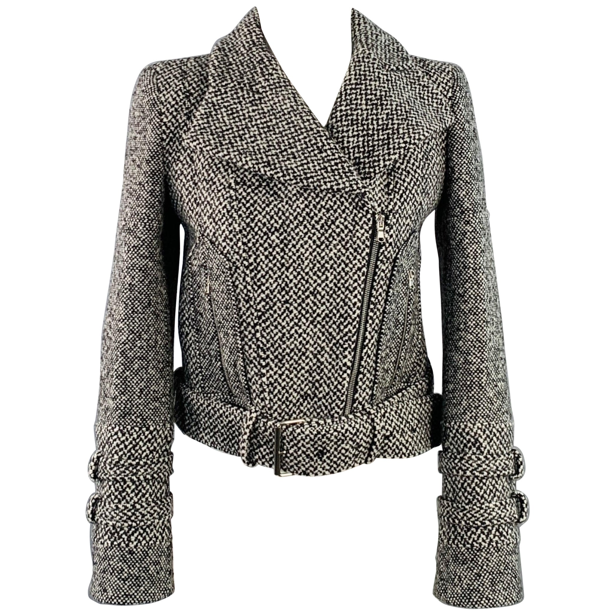 CARVEN Size M Grey Black Wool Blend Tweed Zip Up Belted Biker Jacket