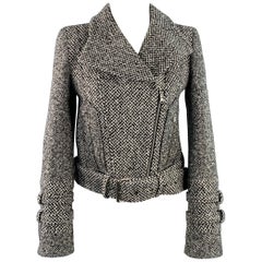 CARVEN Size M Grey Black Wool Blend Tweed Zip Up Belted Biker Jacket