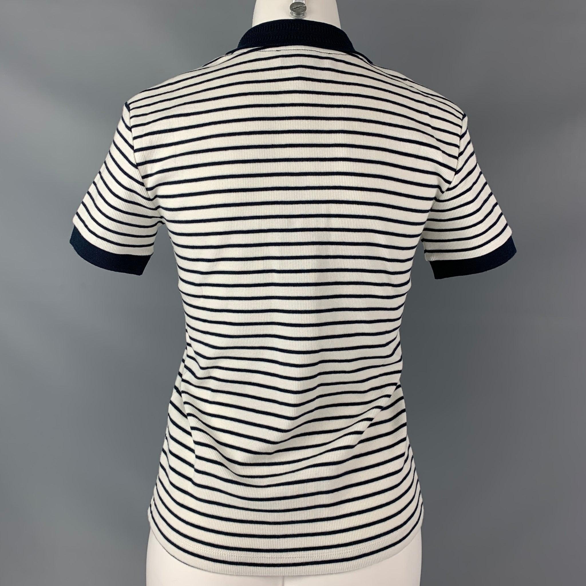 Women's CARVEN Size S White Navy Cotton Elastane Stripe Polo Shirt