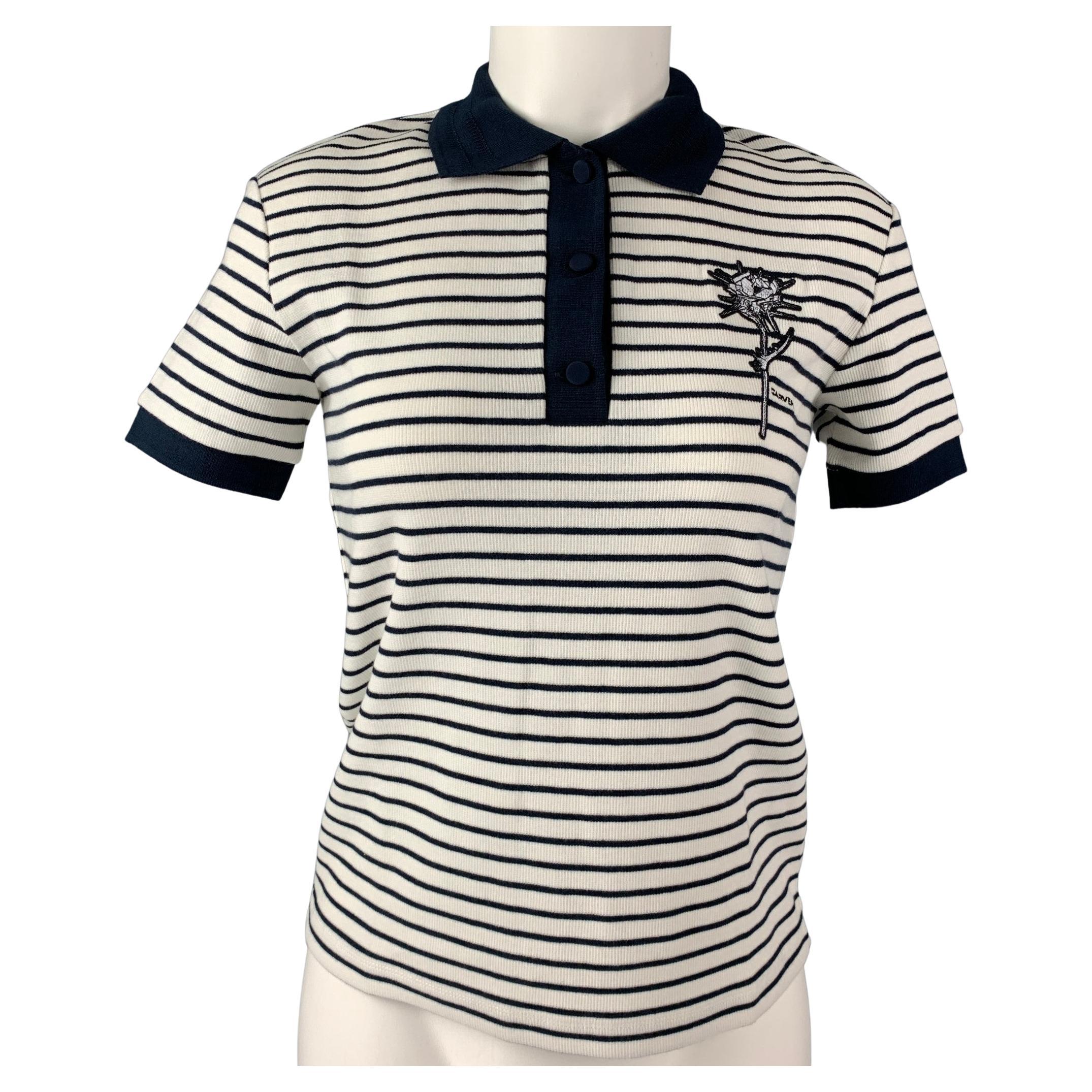 CARVEN Size S White Navy Cotton Elastane Stripe Polo Shirt