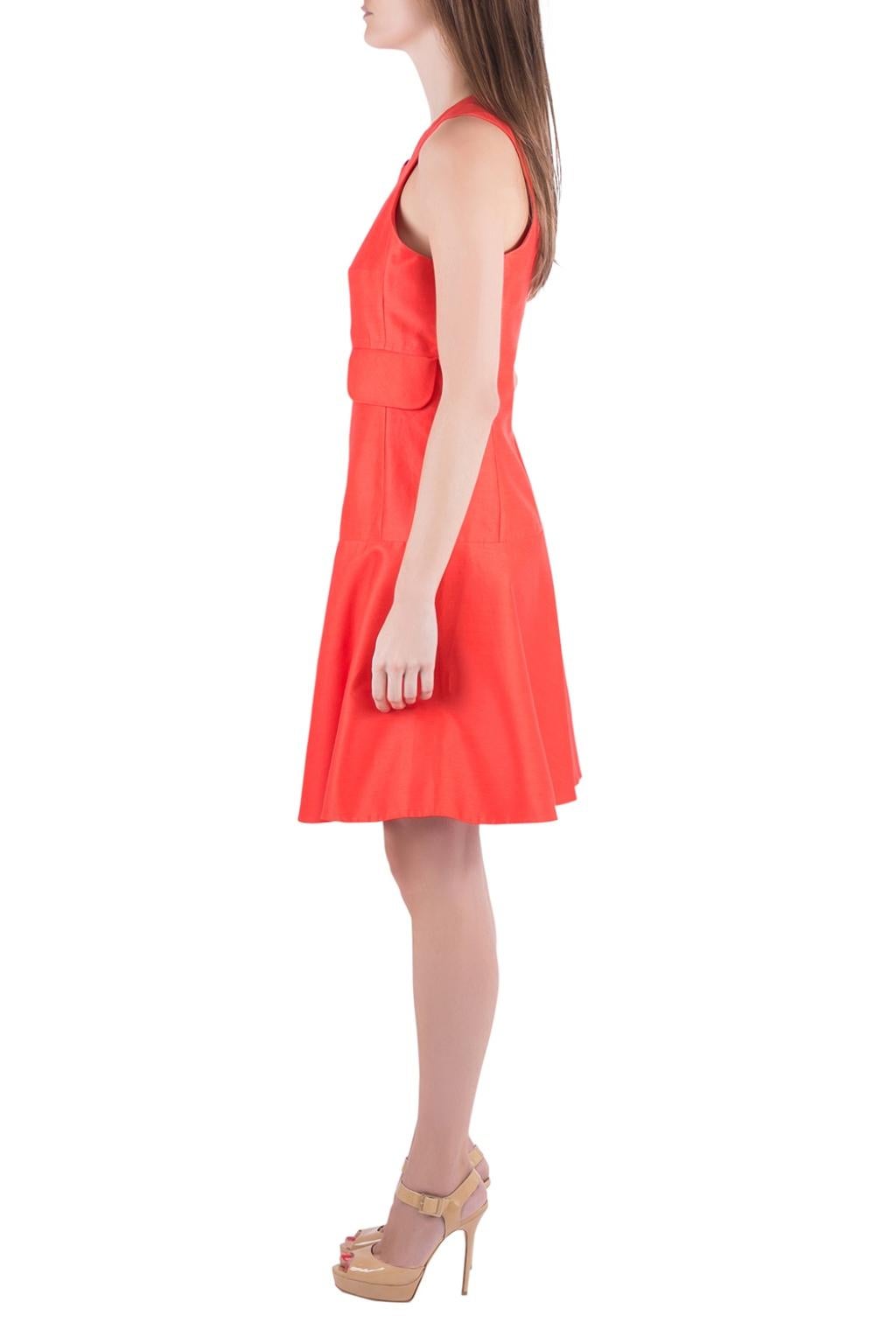 Red Carven Tangerine Cotton Silk Drop Waist Sleeveless Dress L
