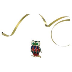 Carven Vintage Gold Plate Owl Brooch, Enamel, France, 1980s