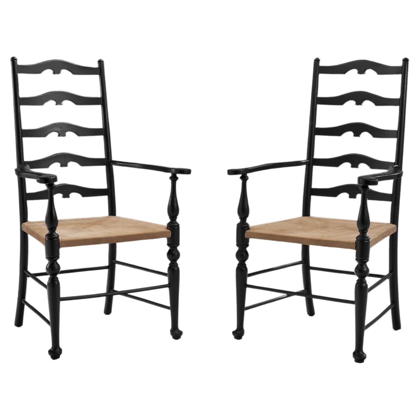 Carver Ladderback Chairs with Leather Seats, Europe Early 20th Century For Sale