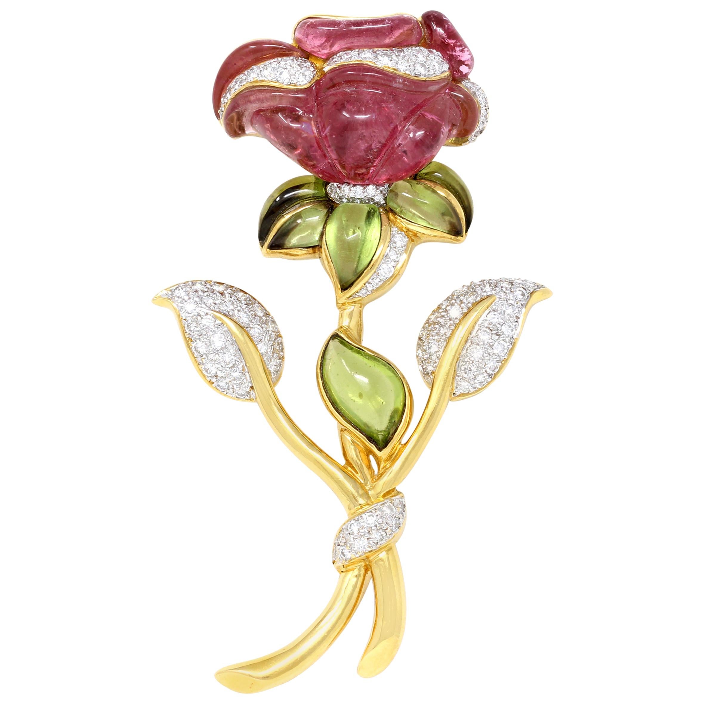 Carverd Tourmaline and Peridot Brooch with Diamonds in 18 Karat Gold