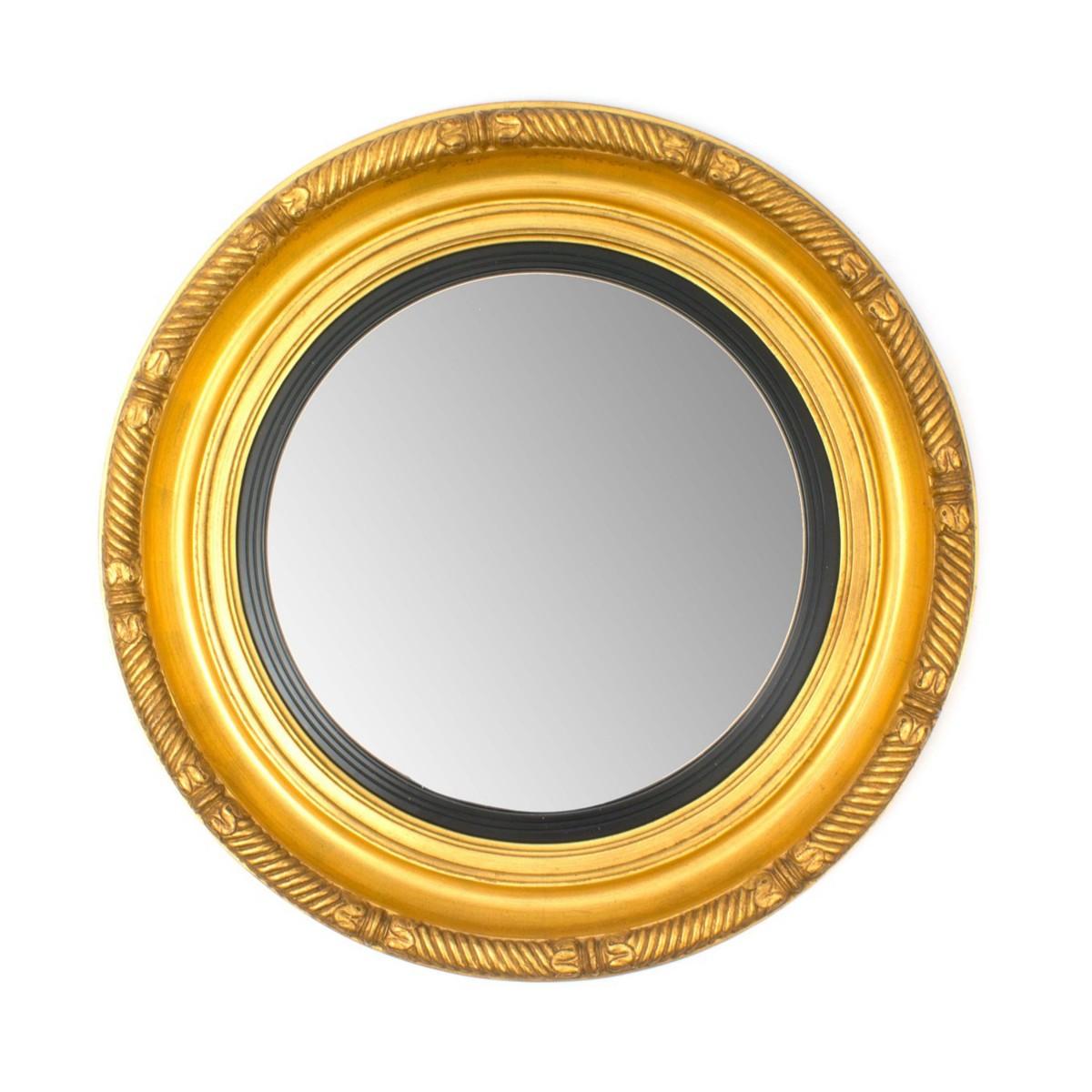 A round rondel mirror by carvers guild with an updated nautical-style rope and band raised border, USA, circa 2010. Features a traditional round convex mirror inside a gold leaf frame with antique patina accents on the rope border.
