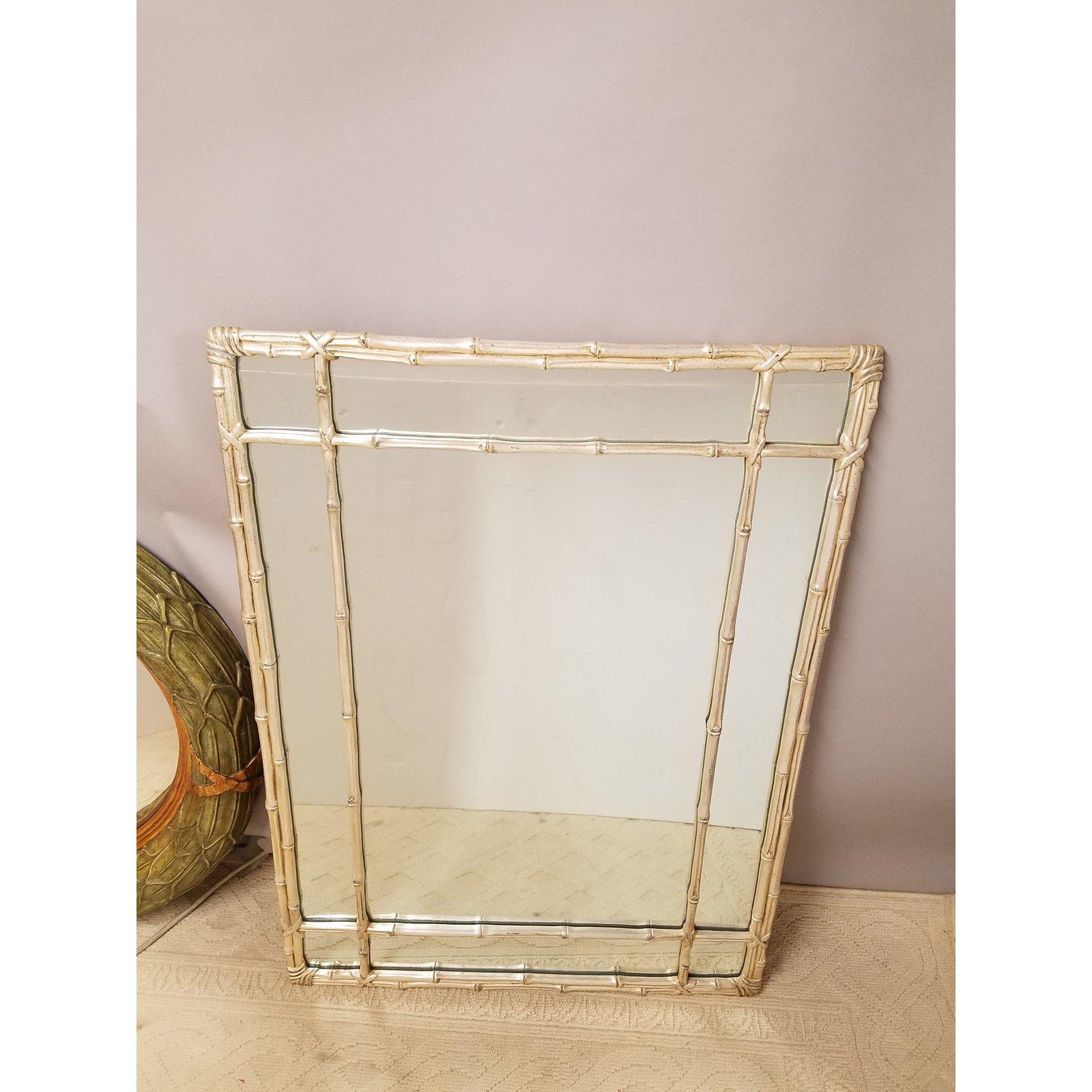 Classic silver guilt faux bamboo framed wood mirror by Carves Guild. Chick silver leaf finish.