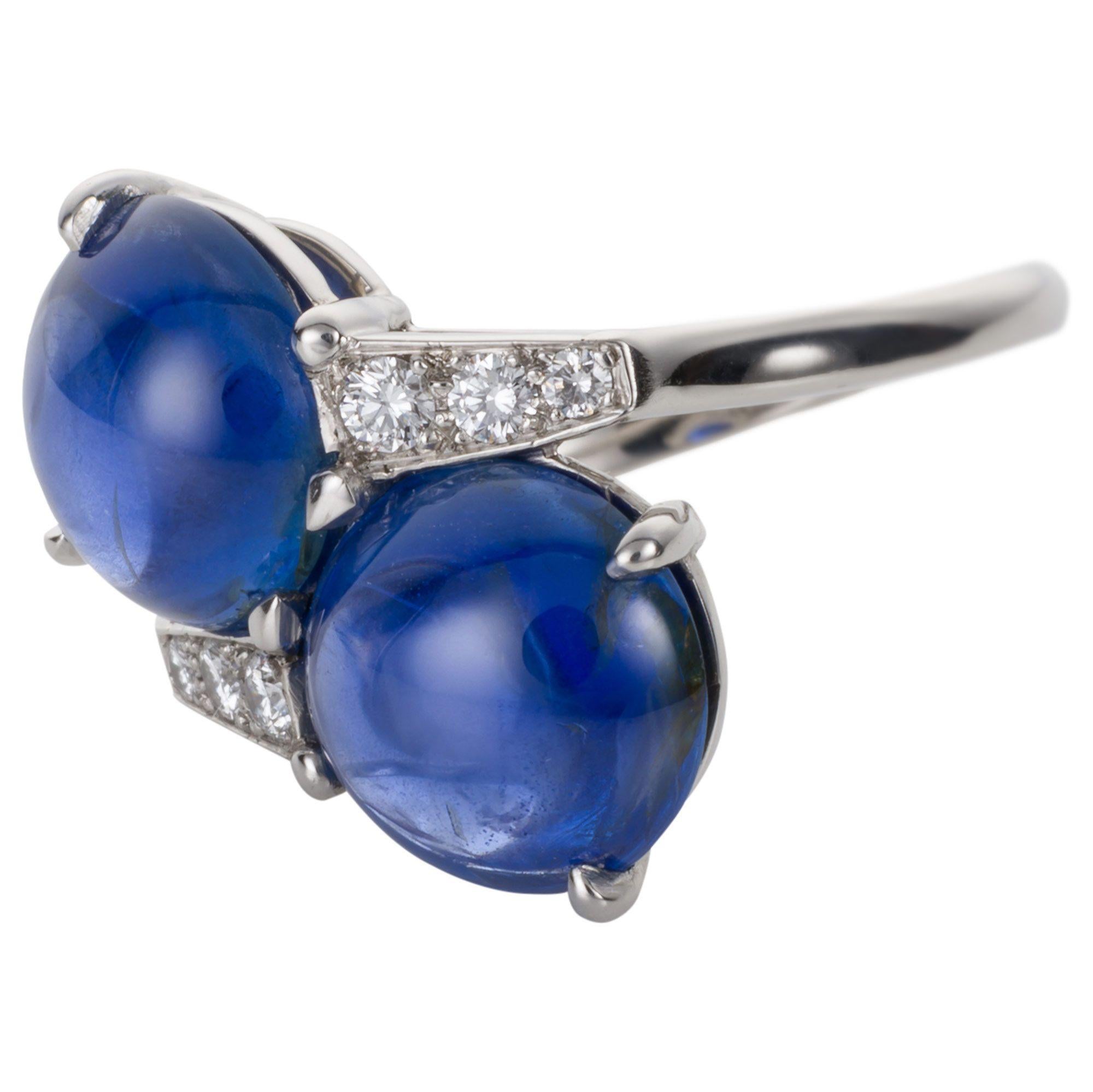 Cabochon Carvin French Unheated Burma Sapphire and Diamond Platinum Ring For Sale