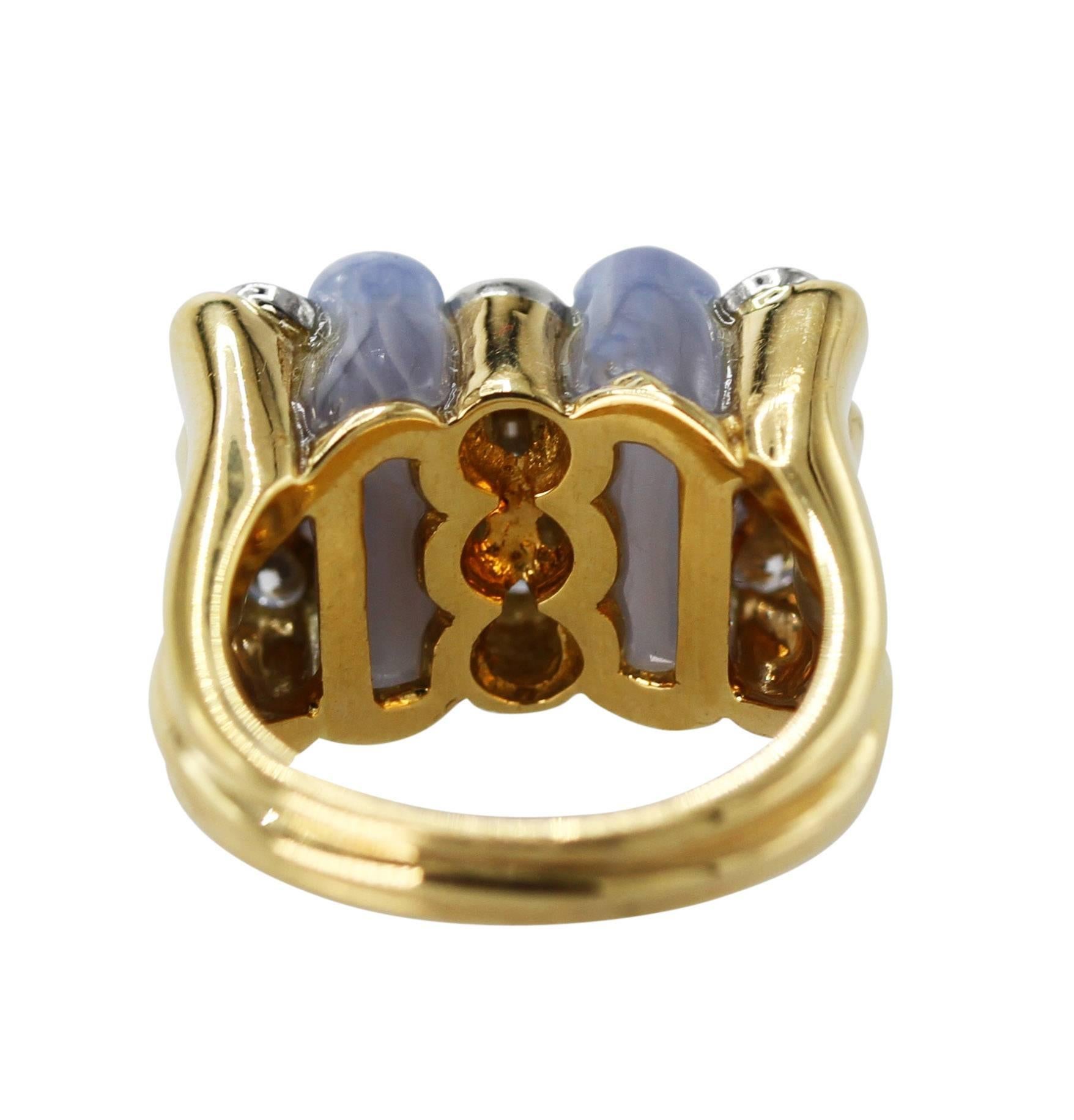Women's or Men's Carvin French Blue Agate, Diamond and Gold Ring For Sale