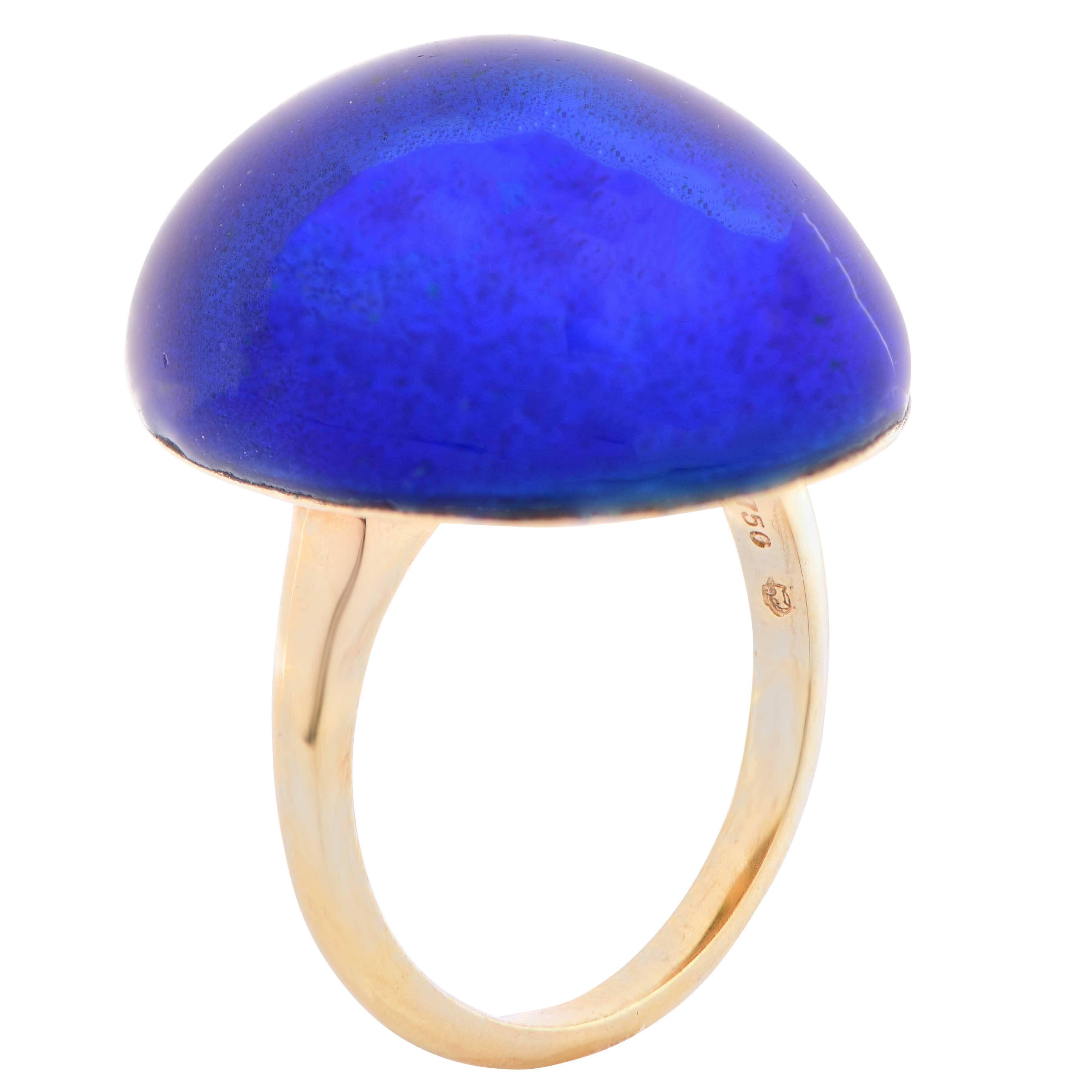 Modern Carvin French Blue Enamel Bombe 18 Karat Yellow Gold Ring For Sale