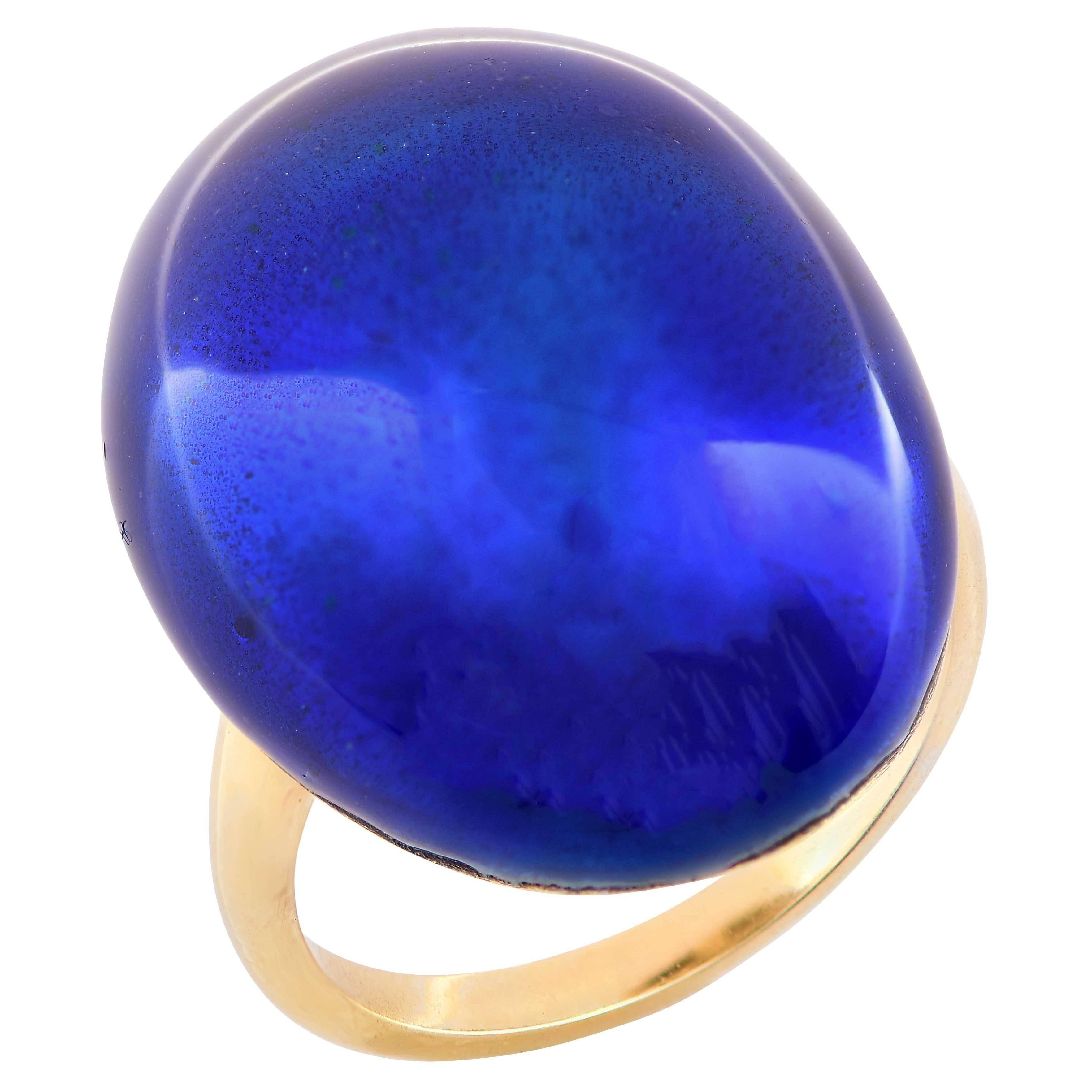 Carvin French Blue Enamel Bombe 18 Karat Yellow Gold Ring For Sale