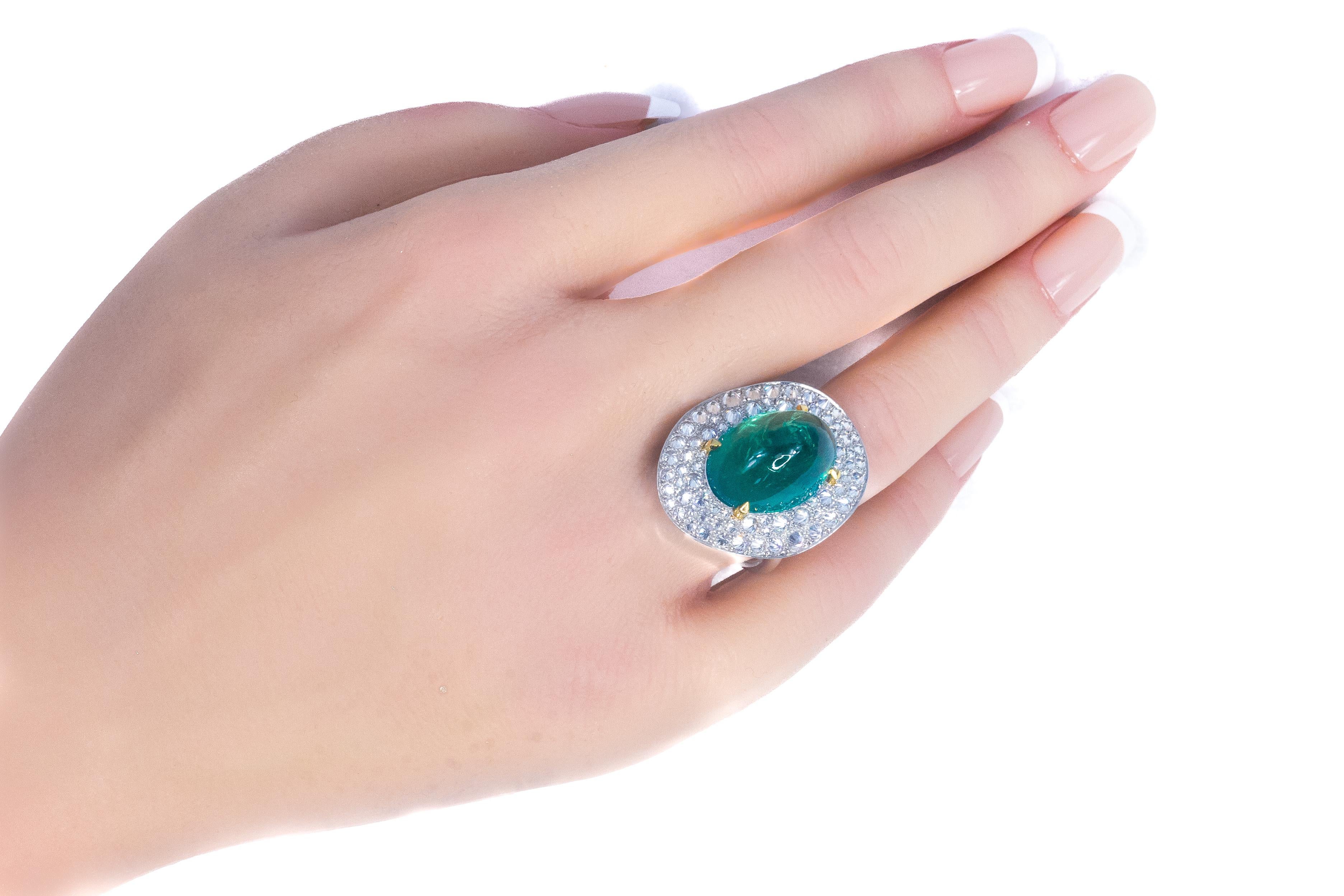 Retro Carvin French Cabochon Emerald and Diamond Ring