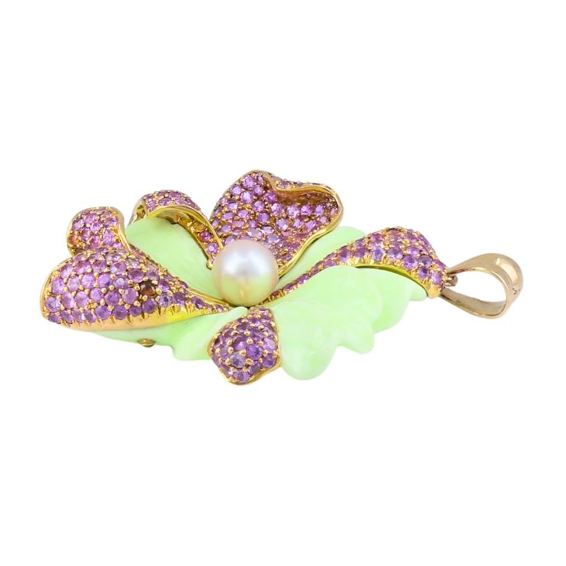 CARVIN FRENCH Crisoprasa Rosa Zafiro Perla Flor Colgante Oro 18k en venta 2