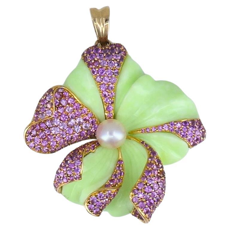 CARVIN FRENCH Chrysoprase Pink Sapphire Pearl Flower Pendant 18k Gold