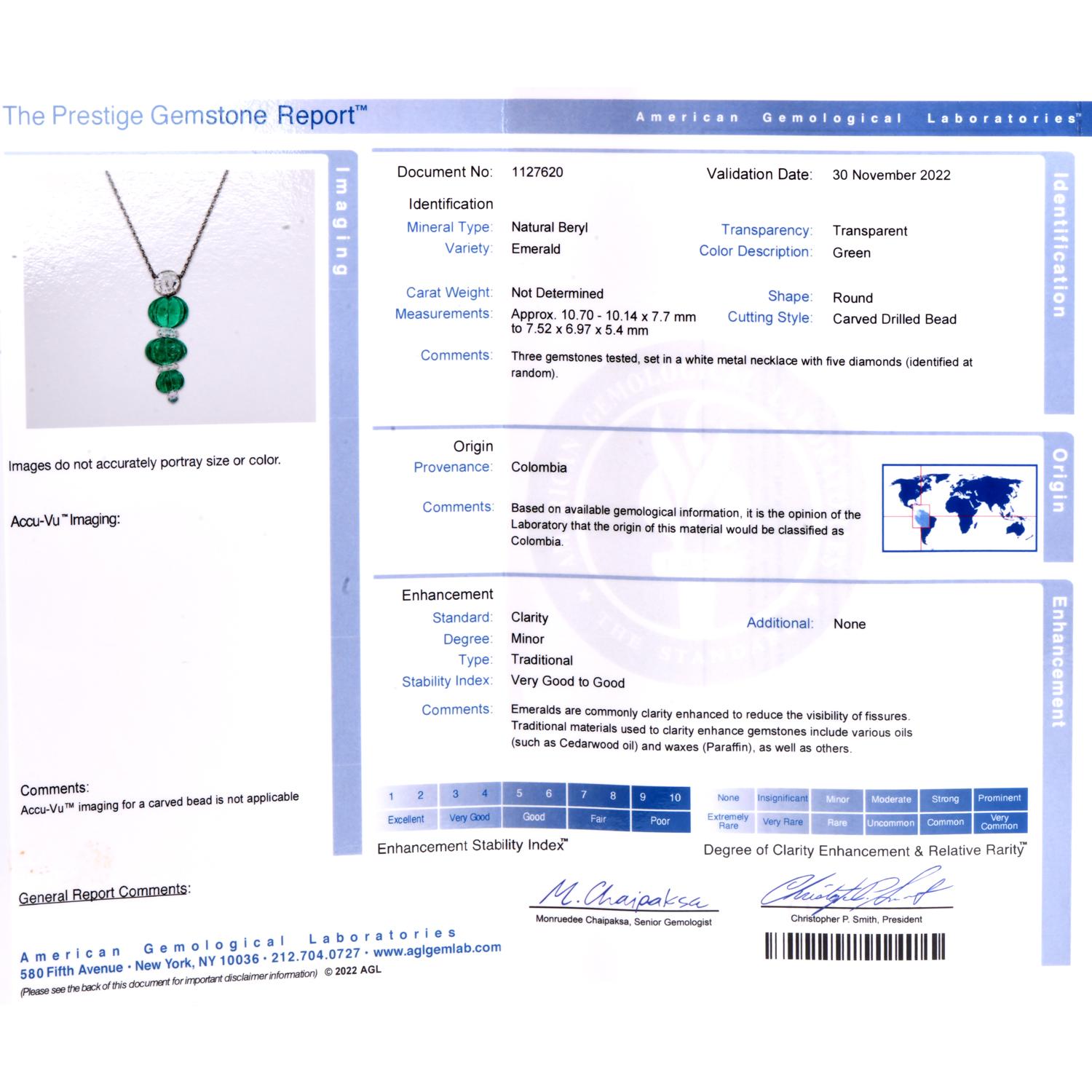 Taglio a sfera Carvin French Emerald Diamond colombiano  Collana in platino intagliato in vendita