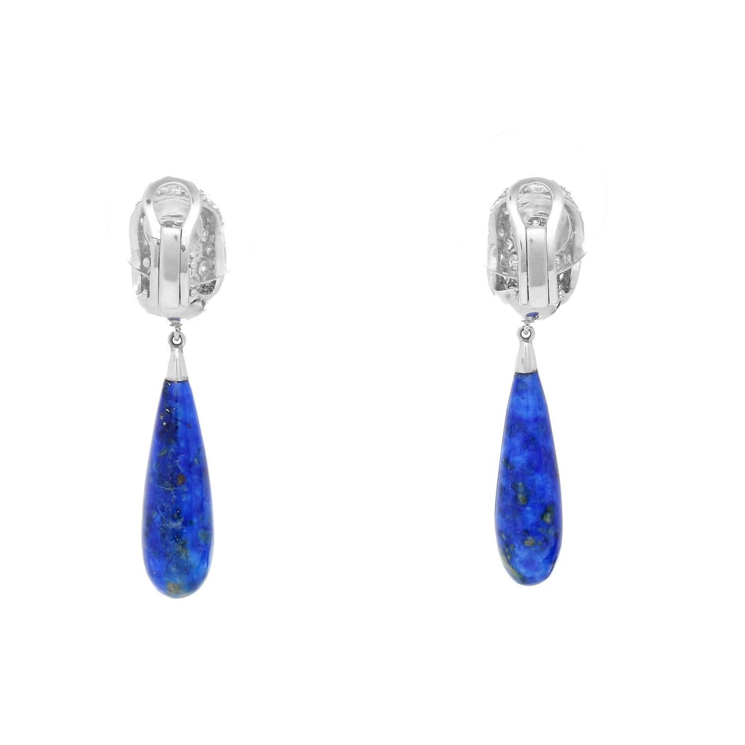 Carvin French Lapis Lazuli Platinum Earrings In Excellent Condition For Sale In Dallas, TX