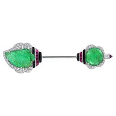 Carving Emerald Ruby Diamond Art Deco Style Brooch in 18K White Gold