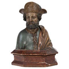 Carving of a Male Bust in Polychromed Wood, Circa 17th Century.