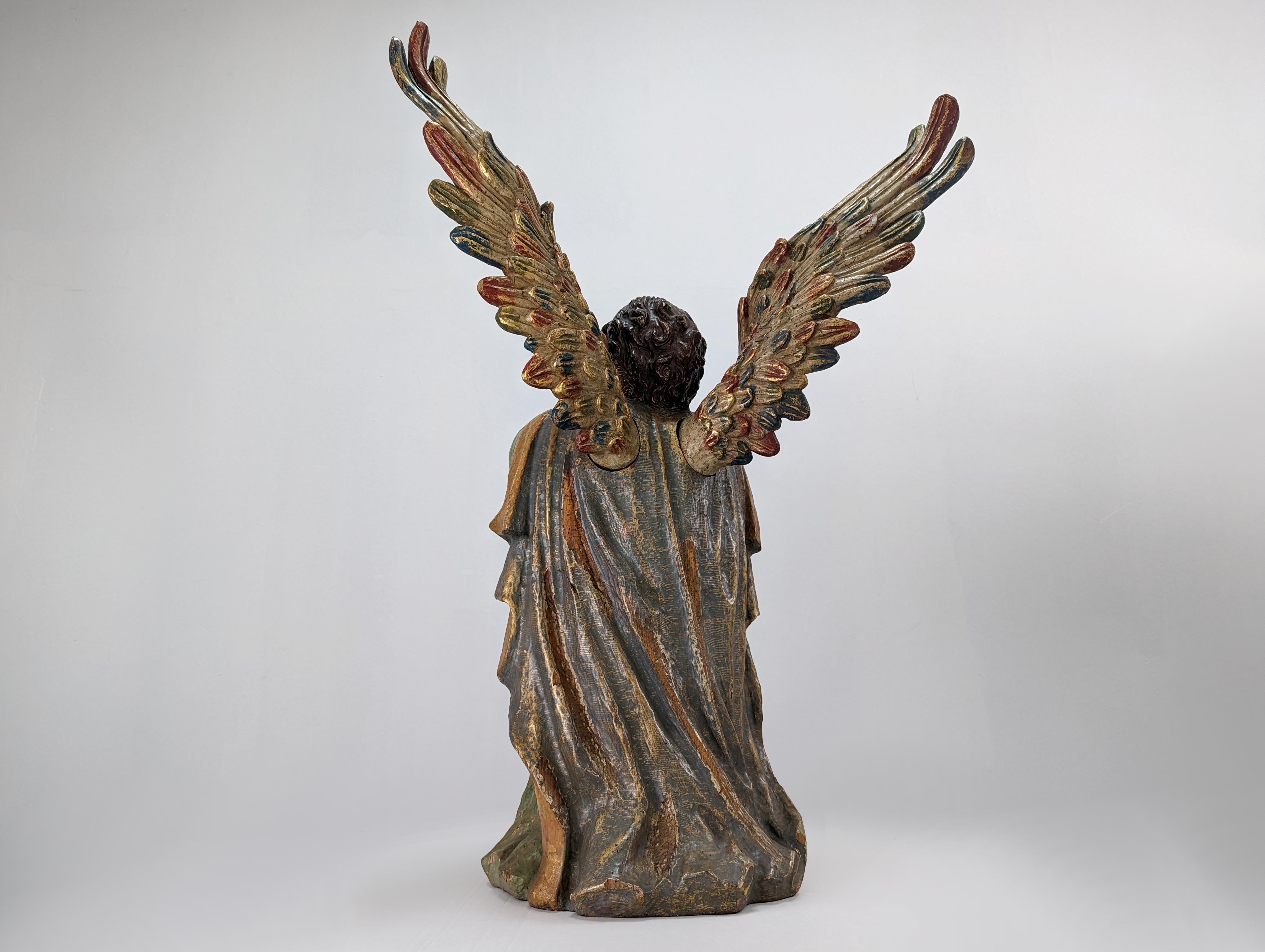 Hand-Carved Carving of Angel in Polychrome Wood