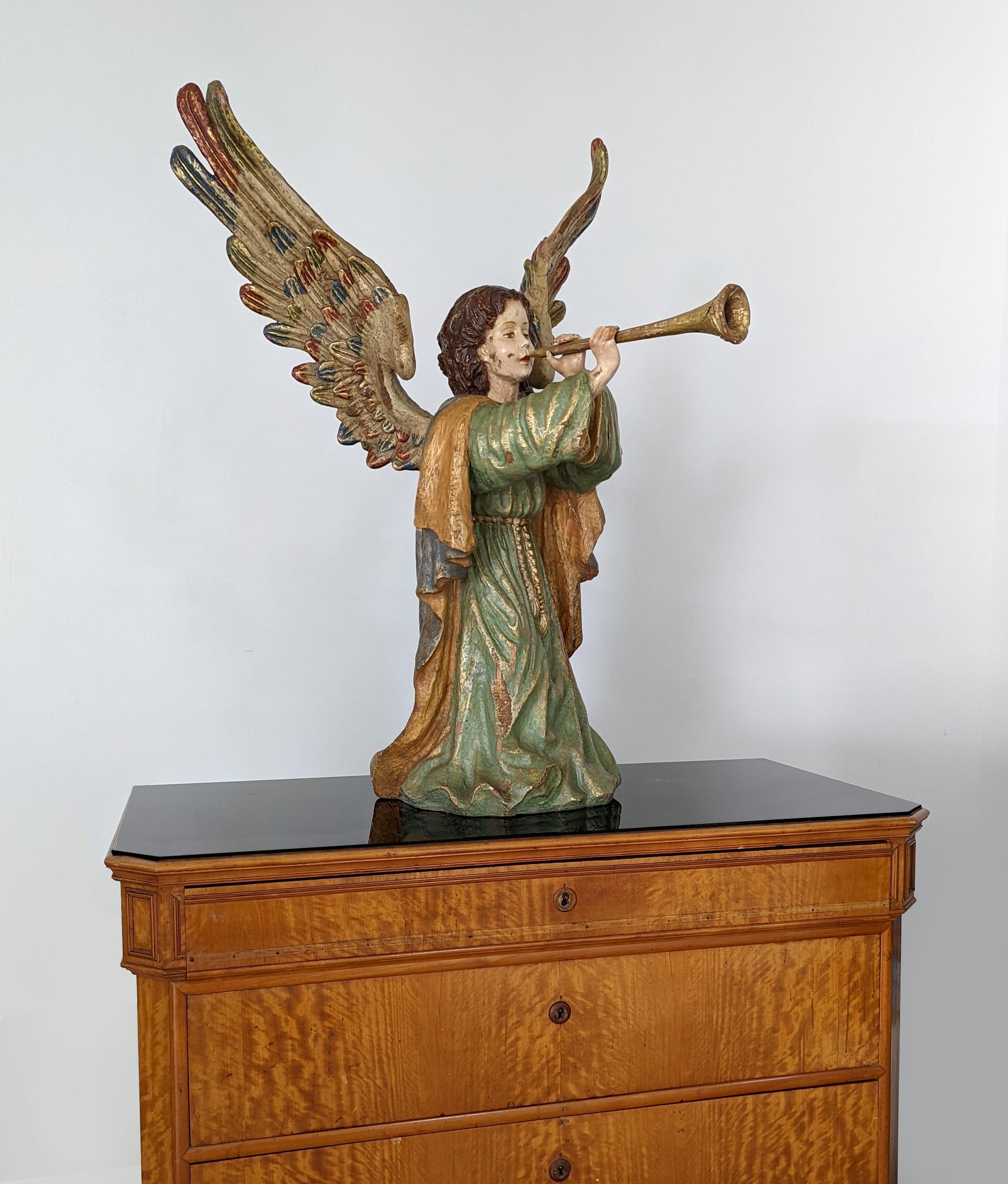 Carving of Angel in Polychrome Wood In Distressed Condition In Benalmadena, ES