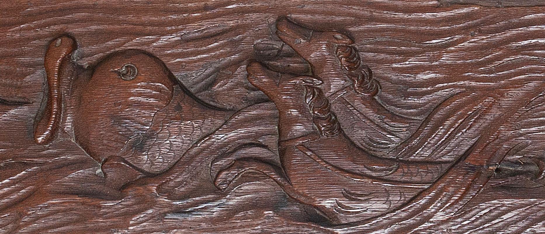 carving pair oak folk naive hunting deer dog Demeter sea monster L88.5cm 34 3/4 For Sale 4
