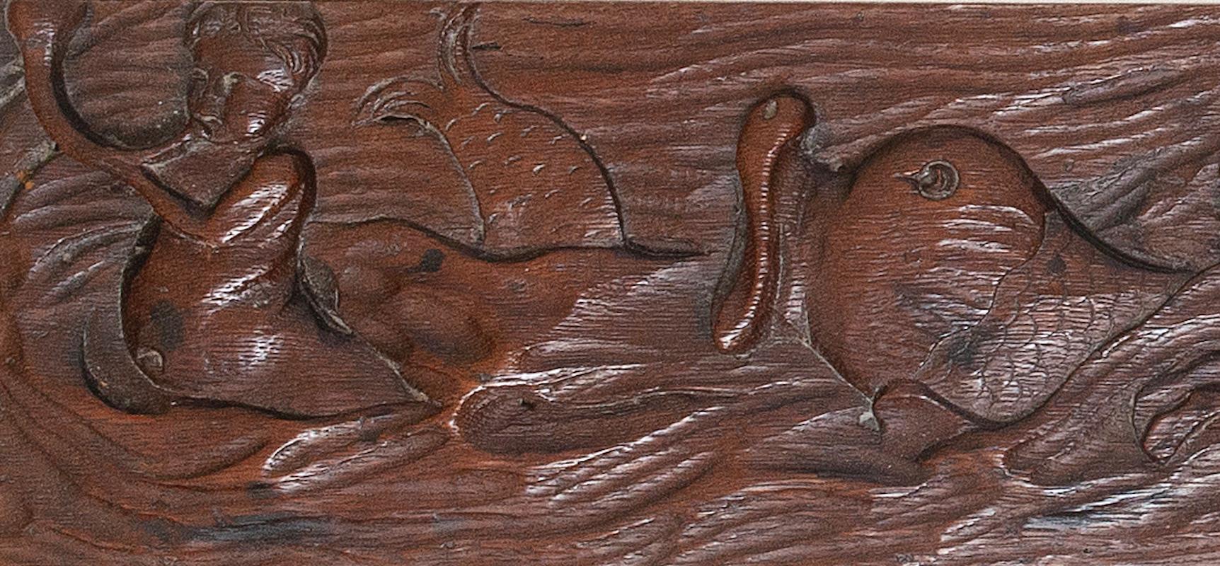 carving pair oak folk naive hunting deer dog Demeter sea monster L88.5cm 34 3/4 For Sale 5