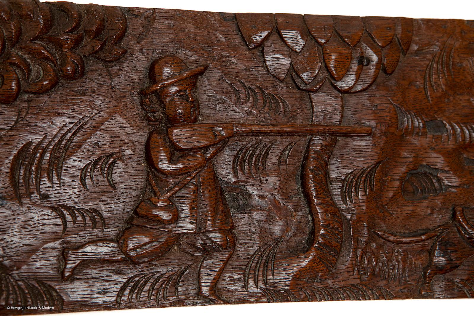 English carving pair oak folk naive hunting deer dog Demeter sea monster L88.5cm 34 3/4 For Sale