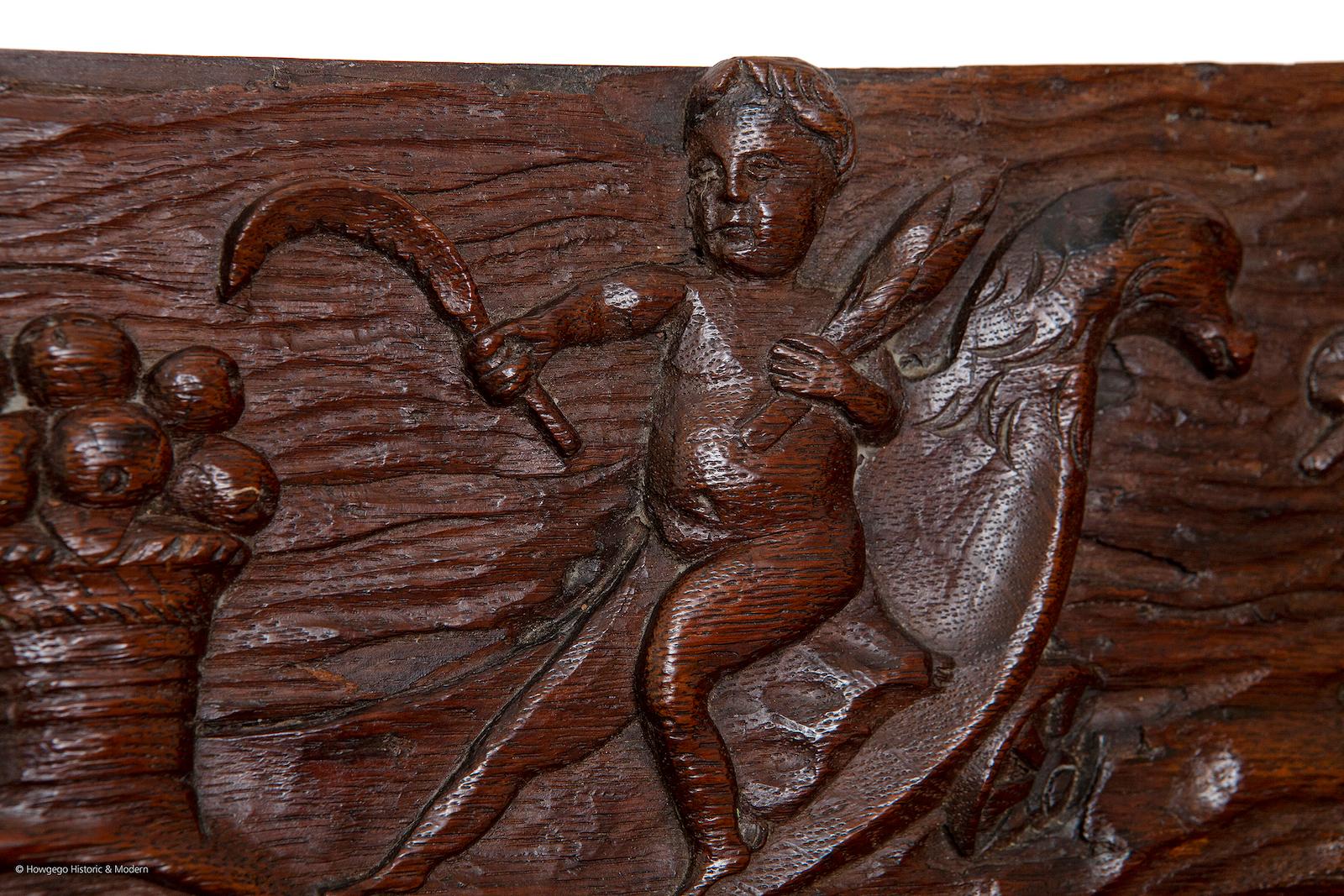 Hand-Carved carving pair oak folk naive hunting deer dog Demeter sea monster L88.5cm 34 3/4 For Sale