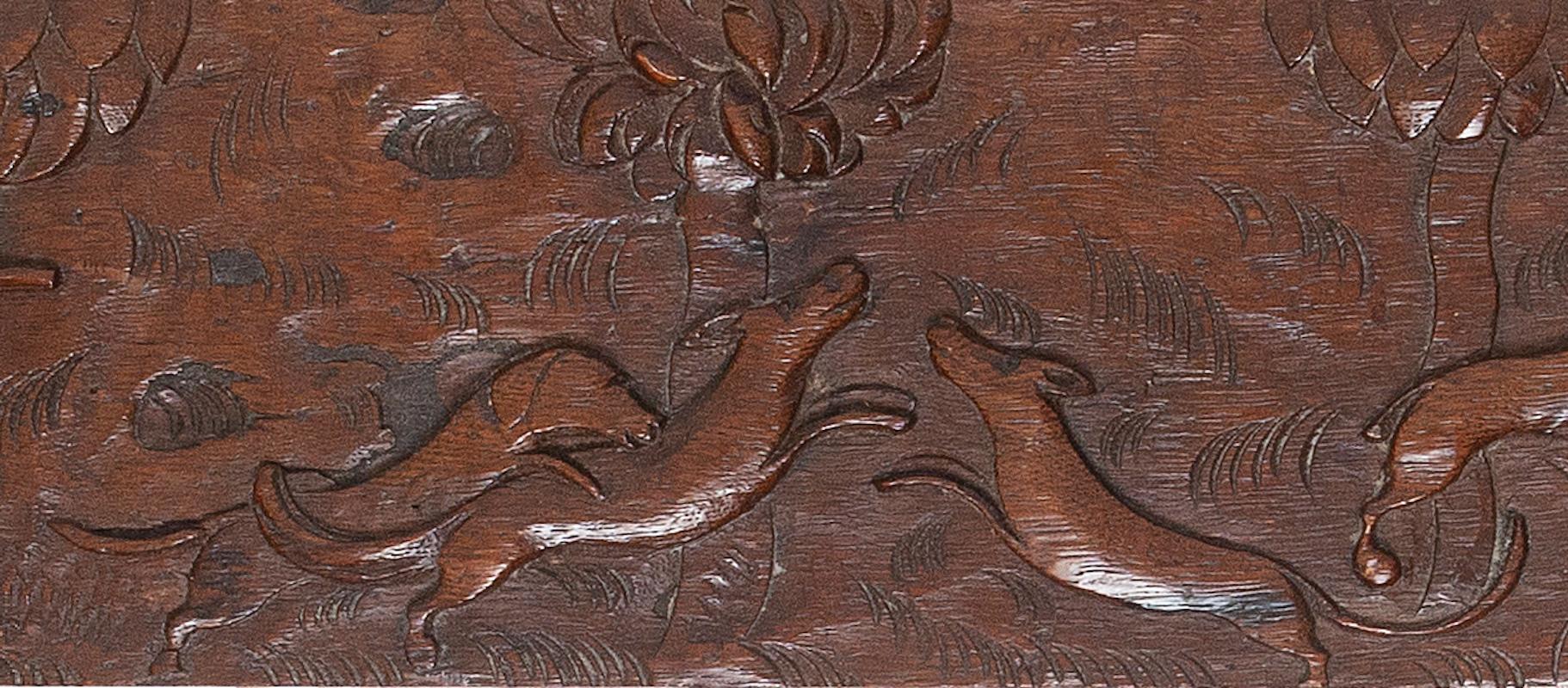 18th Century and Earlier carving pair oak folk naive hunting deer dog Demeter sea monster L88.5cm 34 3/4 For Sale
