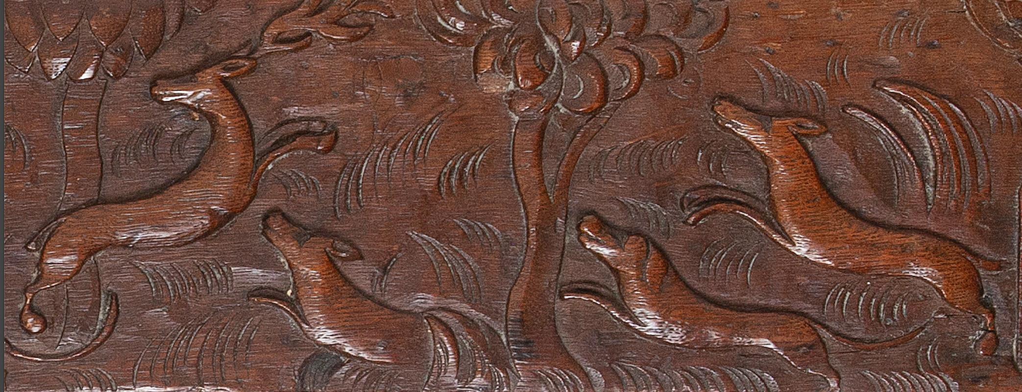 Oak carving pair oak folk naive hunting deer dog Demeter sea monster L88.5cm 34 3/4 For Sale