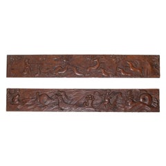 carving pair oak folk naive hunting deer dog Demeter sea monster L88.5cm 34 3/4