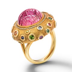 Carving Spinel Ring, 18k Yellow Gold Multi Color Gems Carving Spinel Ring