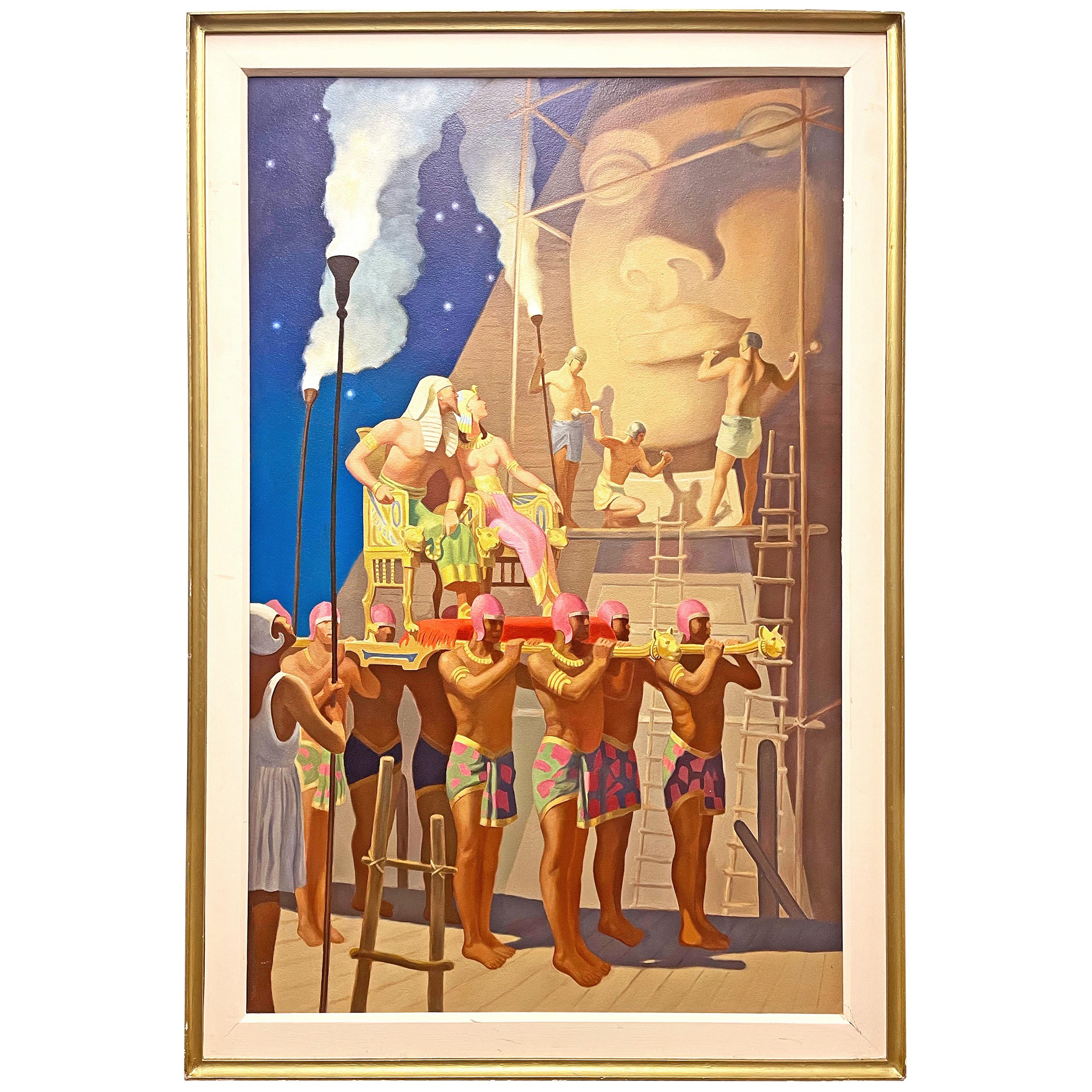 "Carving the Sphinx, " Large, Spectacular Painting with Egyptian Pharaoh 
Queen