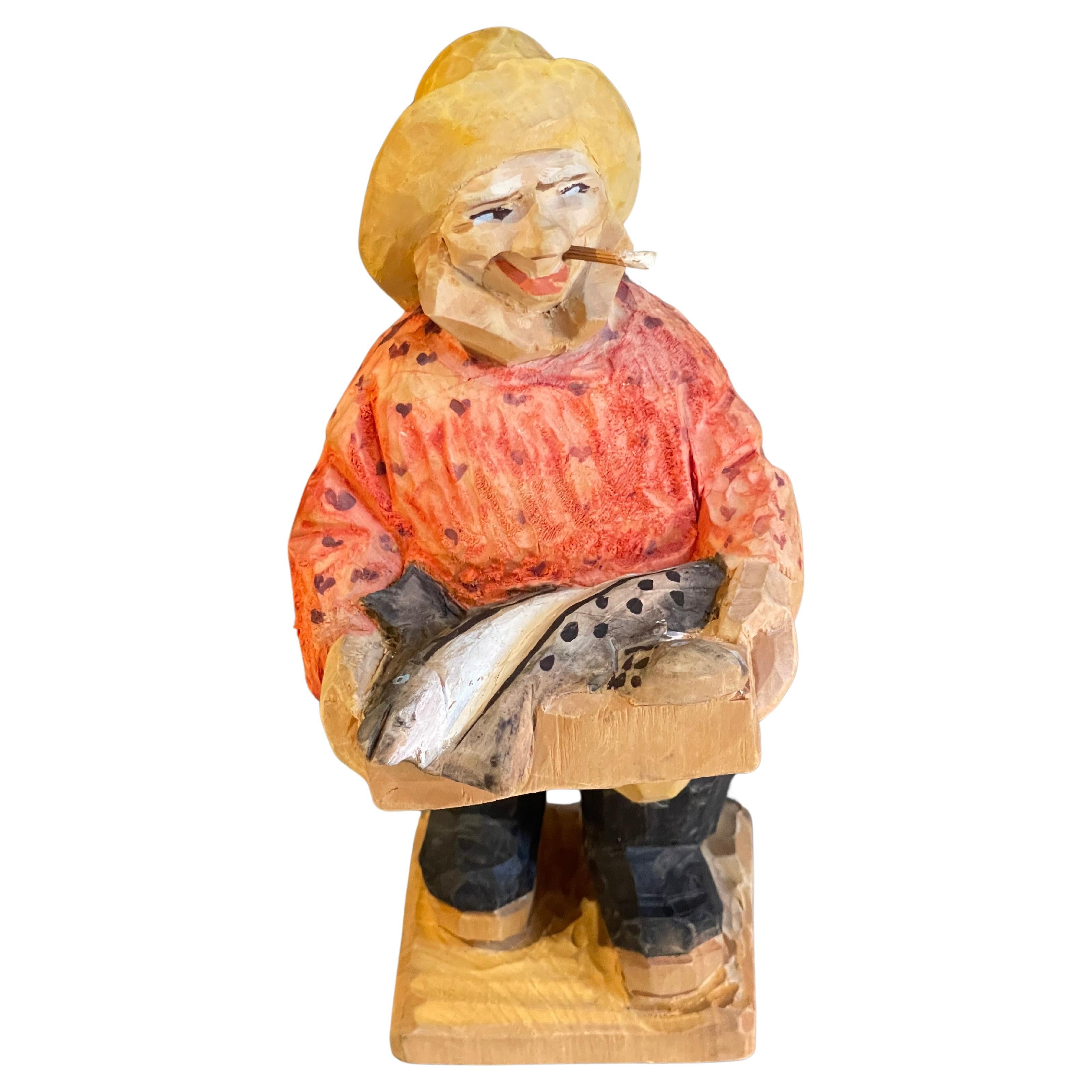 Carving Wooden Human Sculptures Fisher Woman Antique Decorative Female Figurine
