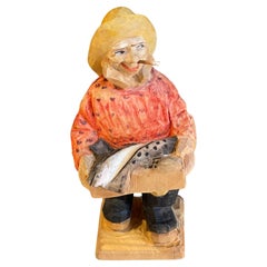 Carving Wooden Human Sculptures Fisher Woman Antique Decorative Female Figurine