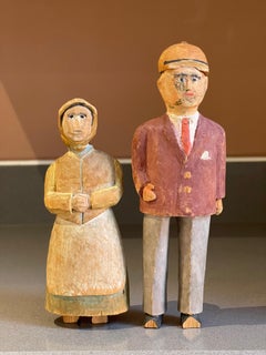 Carving Wooden Sculptures A Set Of 2 Antique Decorative Figurines of Man & Woman