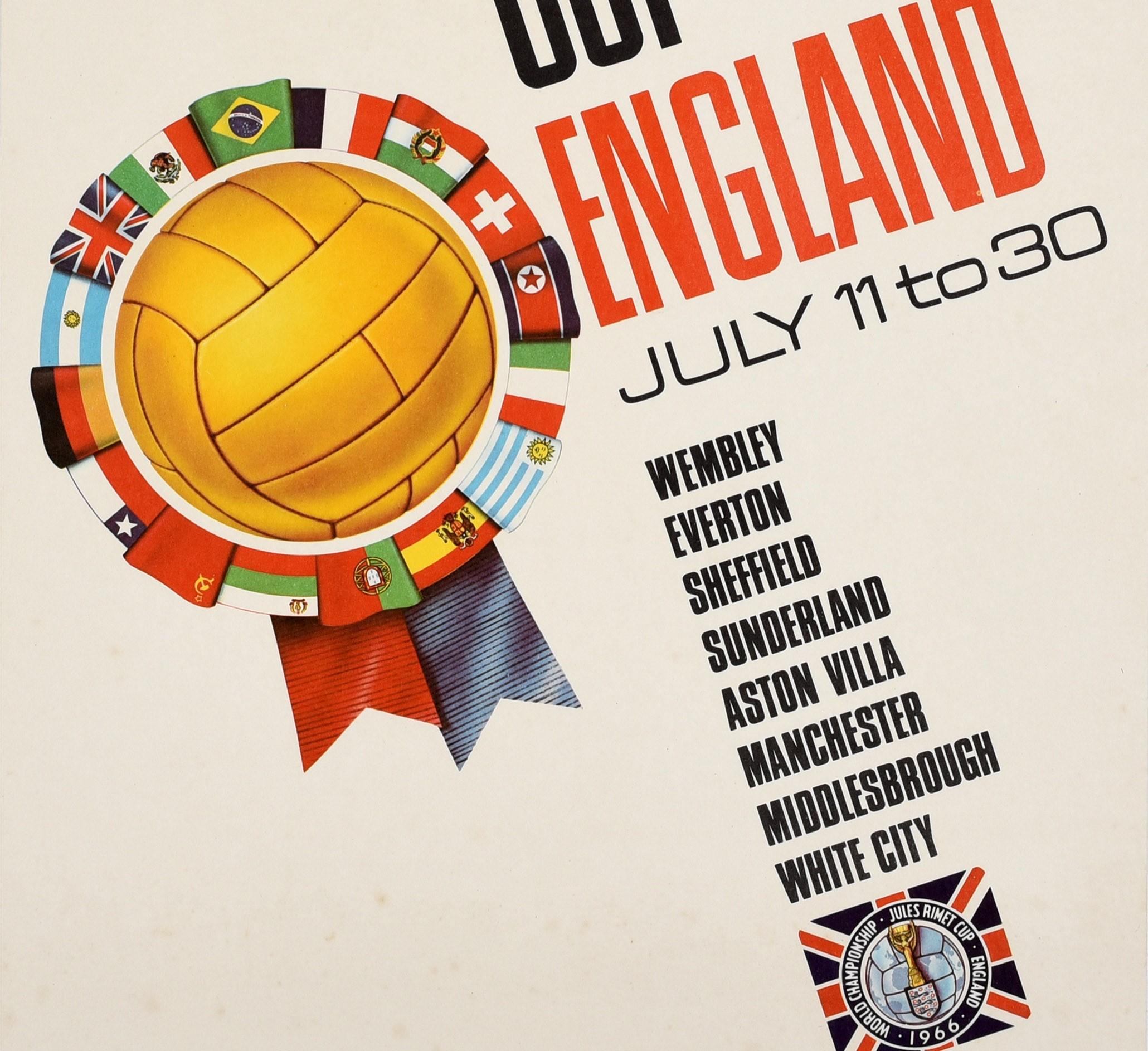 Original vintage sport advertising poster for the 1966 World Cup Finals that took place in England from July 11 to 30 at stadiums in Wembley Everton Sheffield Sunderland Aston Villa Manchester Middlesbrough and White City featuring a great