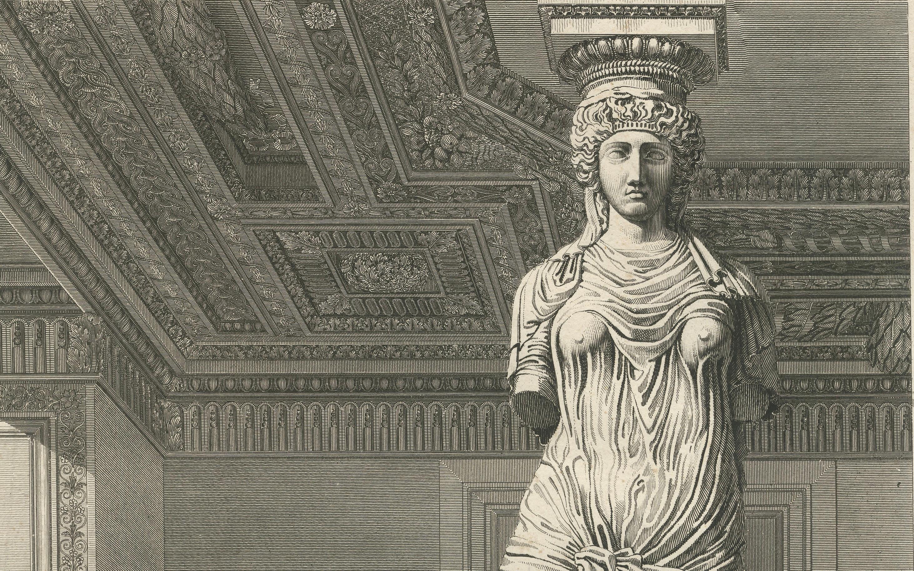 Karyatide und dekoratives Relief aus dem Salle de l'Institut - Baltard, um 1800 (Graviert) im Angebot