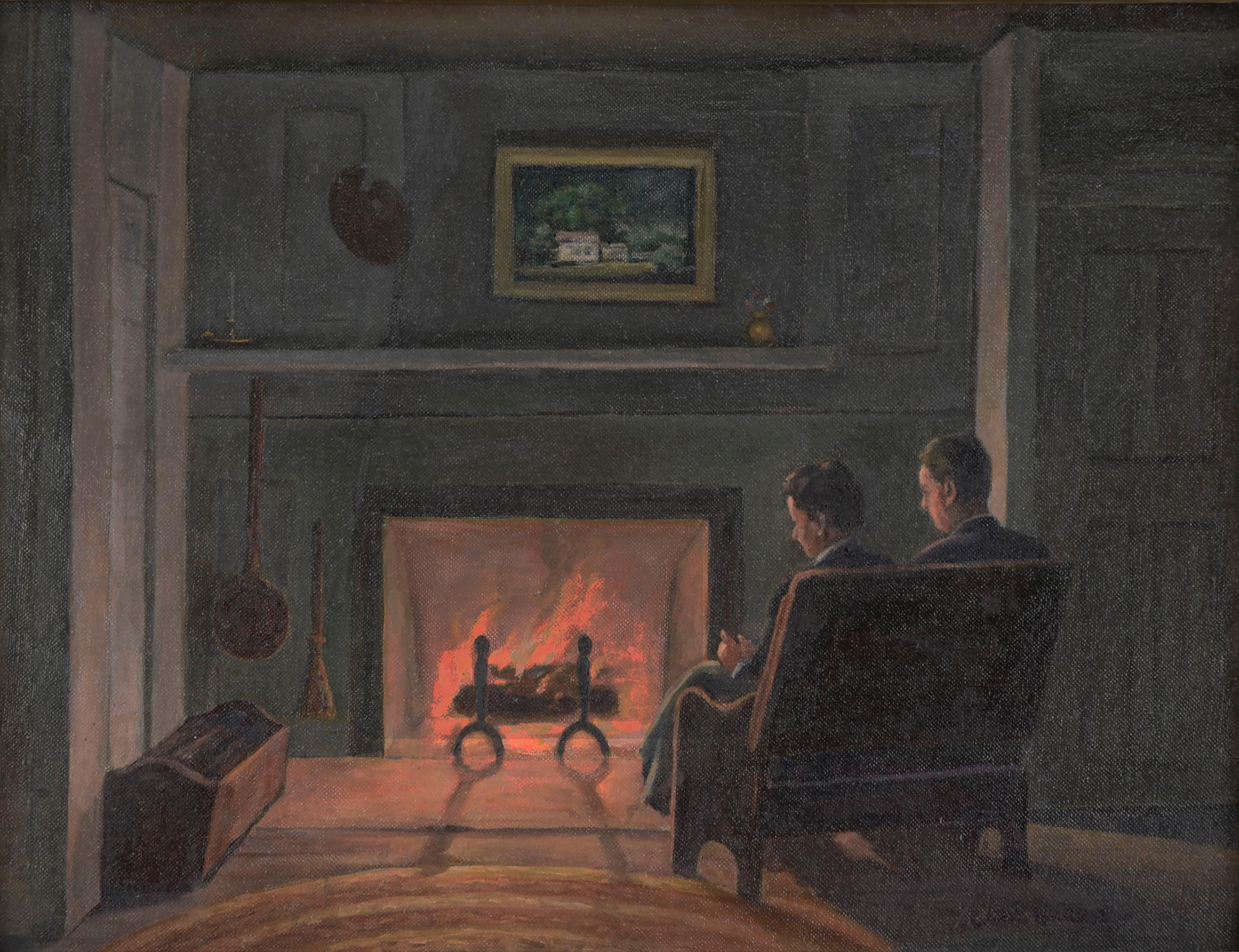 1940s New York Interior -- An Evening Scene of Artist and His Wife  - Painting by Caryl Harris